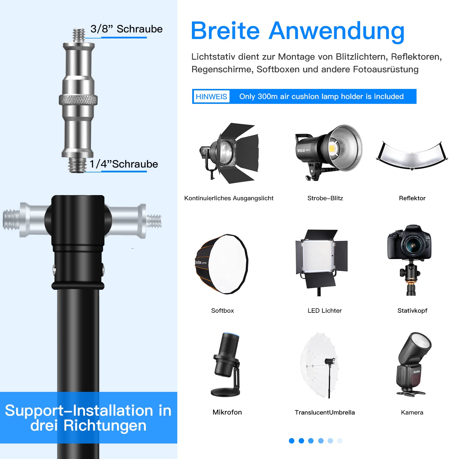 Soonpho 300cm Spring Buffer Light Stand,Support de Flash sur trépied en Acier Inoxydable avec étui et Adaptateur 1/4, 3/8 Pouce,pour Enregistrement vidéo en Studio,Softbox