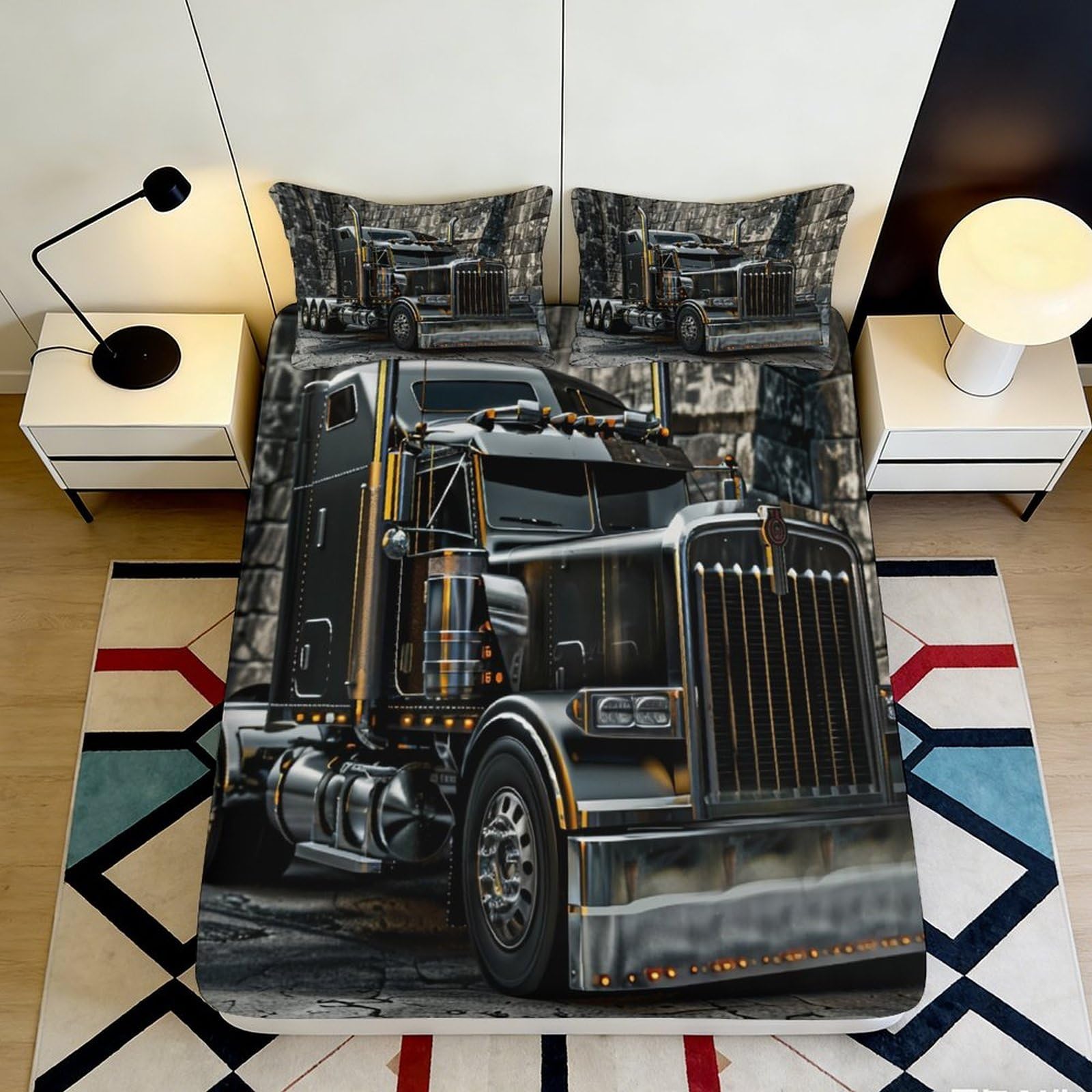 3D Printed Black Truck Pattern Fitted Sheet Microfiber Soft Breathable Industrial Semi Trailer Bed Cover for Bedroom Dormitory Guest Room Mattress Protection 140x200x25cm