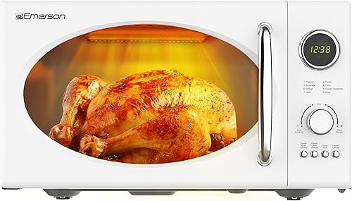 Emerson MWRG0901W - Horno microondas retro compacto de 800 W con función de parrilla de 1,000 W, pantalla LED, 5 niveles de potencia, 8 menús
