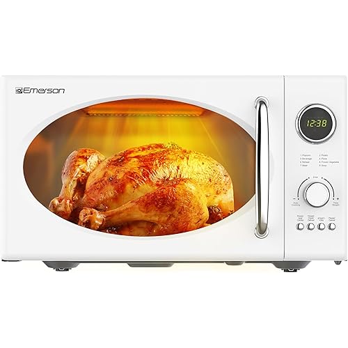 Emerson MWRG0901W 0.9 Cu. Ft. Retro Microwave with 1,000W Grill Function, 800W Cooking Power, LED Display, 5 Power Levels, 8 Auto Menus, Glass Turntable, Child Lock, White Countertop Design