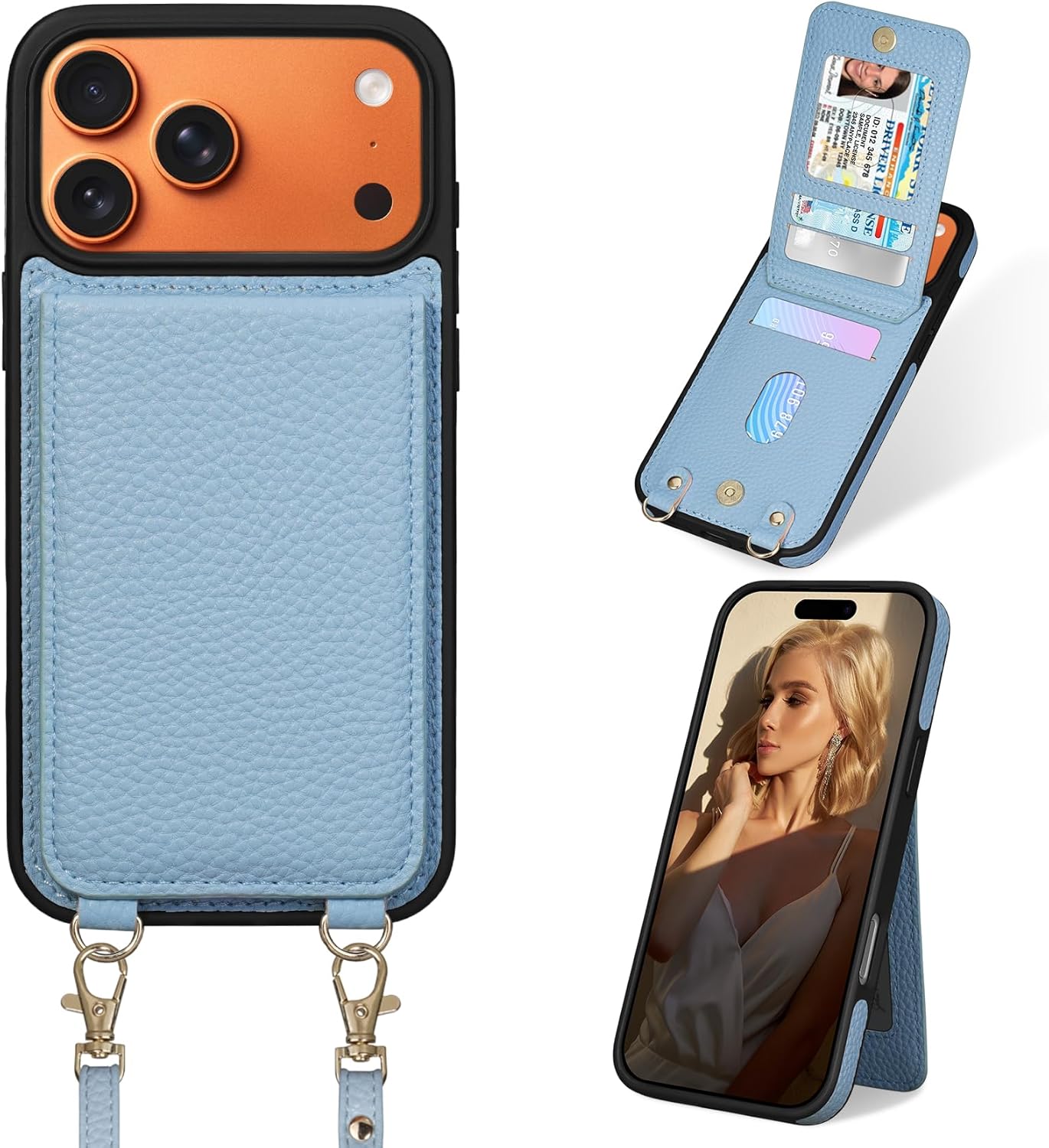 Keallce Case for iPhone 17 Pro Max 6.9'', Crossbody Wallet Case Purse with RFID Blocking 3 Card Holders, Flip Folio Leather Cover with Lanyard Wristlet Strap Women Lady for iPhone 17 Pro Max, Blue