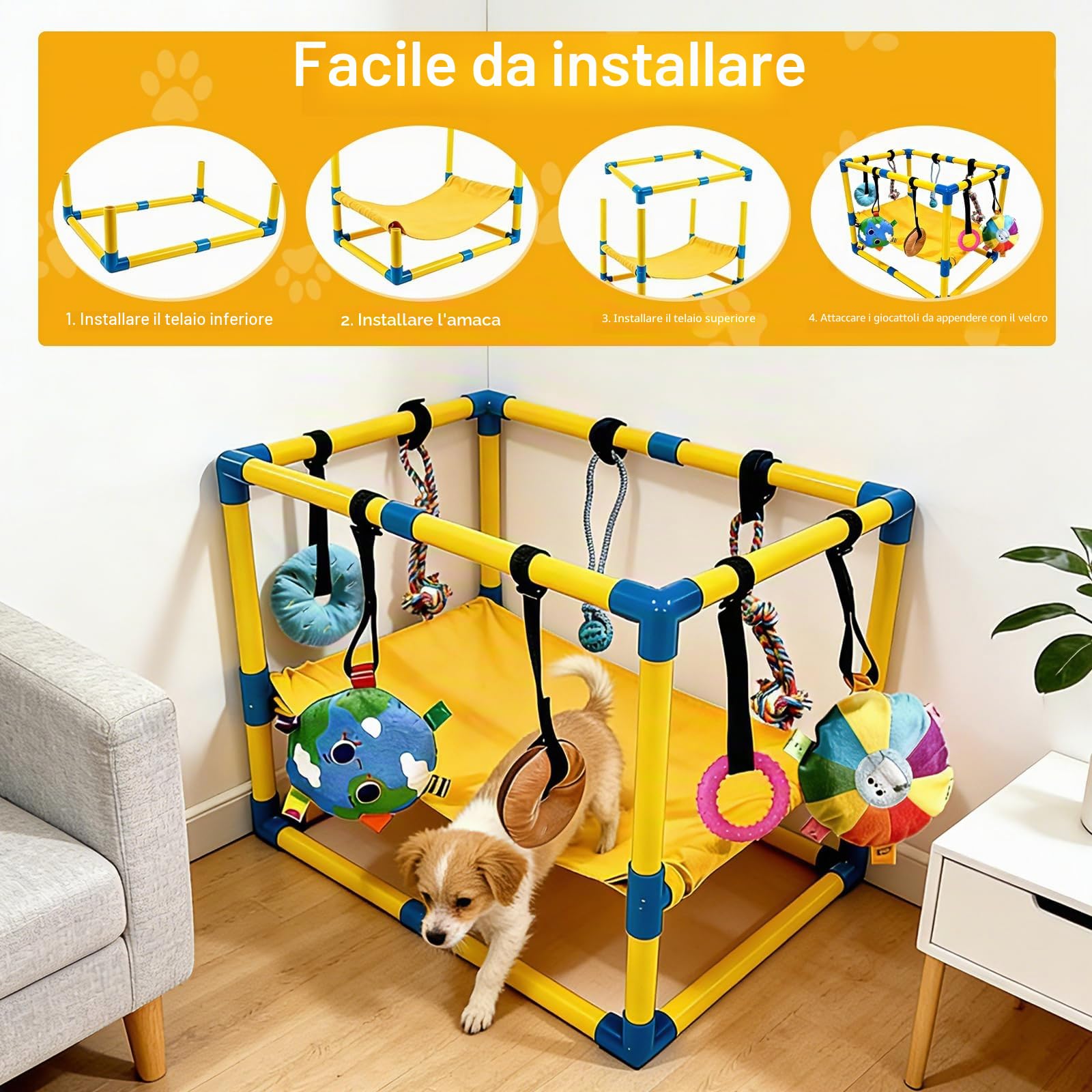 Palestra per Cani, Stanza Giochi per Cucciolo 60 x 40 x 40 cm con Amaca e Giocattoli Sospesi Sala Giocattolo per Cucciolo con Giochi per Cani per Promuovere L'esercizio e la Stimolazione Mentale