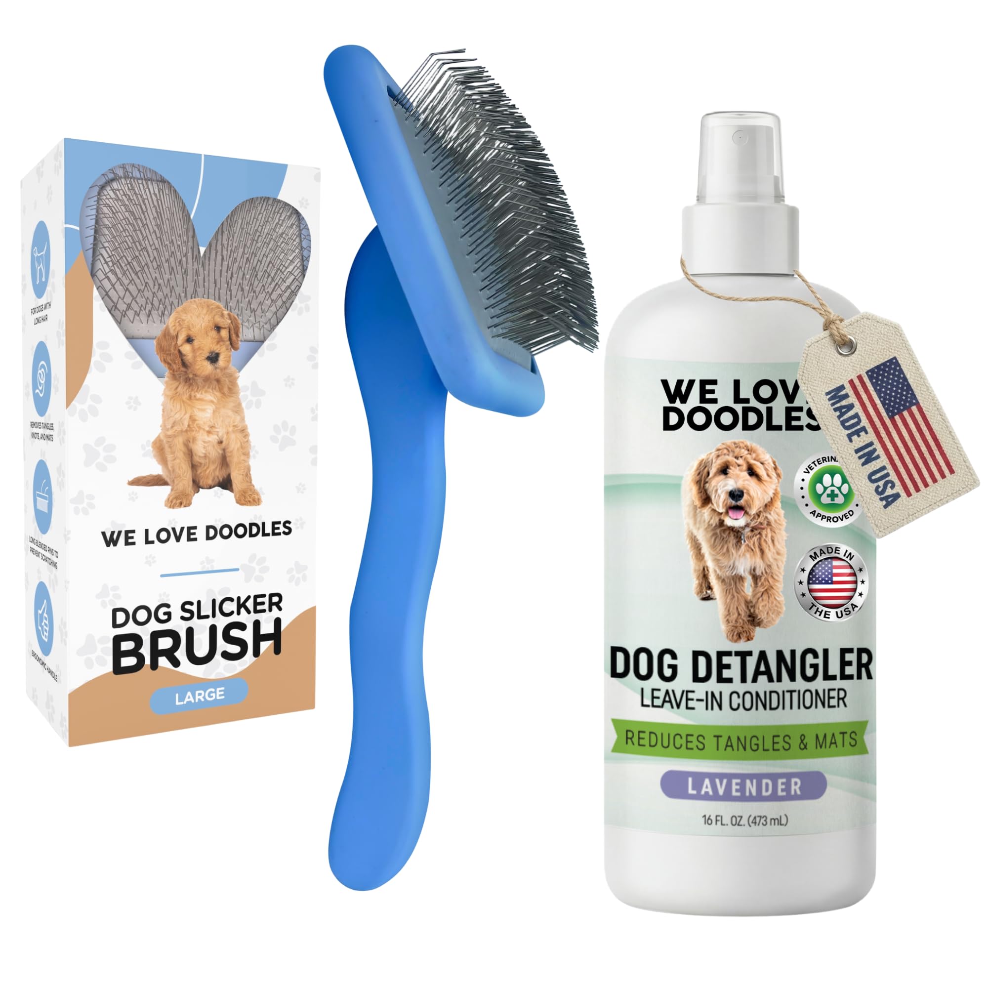 We Love Doodles Cepillo grande para perros y spray desenredante de lavanda, cepillo para perros de pelo largo, Goldendoodles y garabatos, removedor de enredos, spray desenredante y acondicionador para