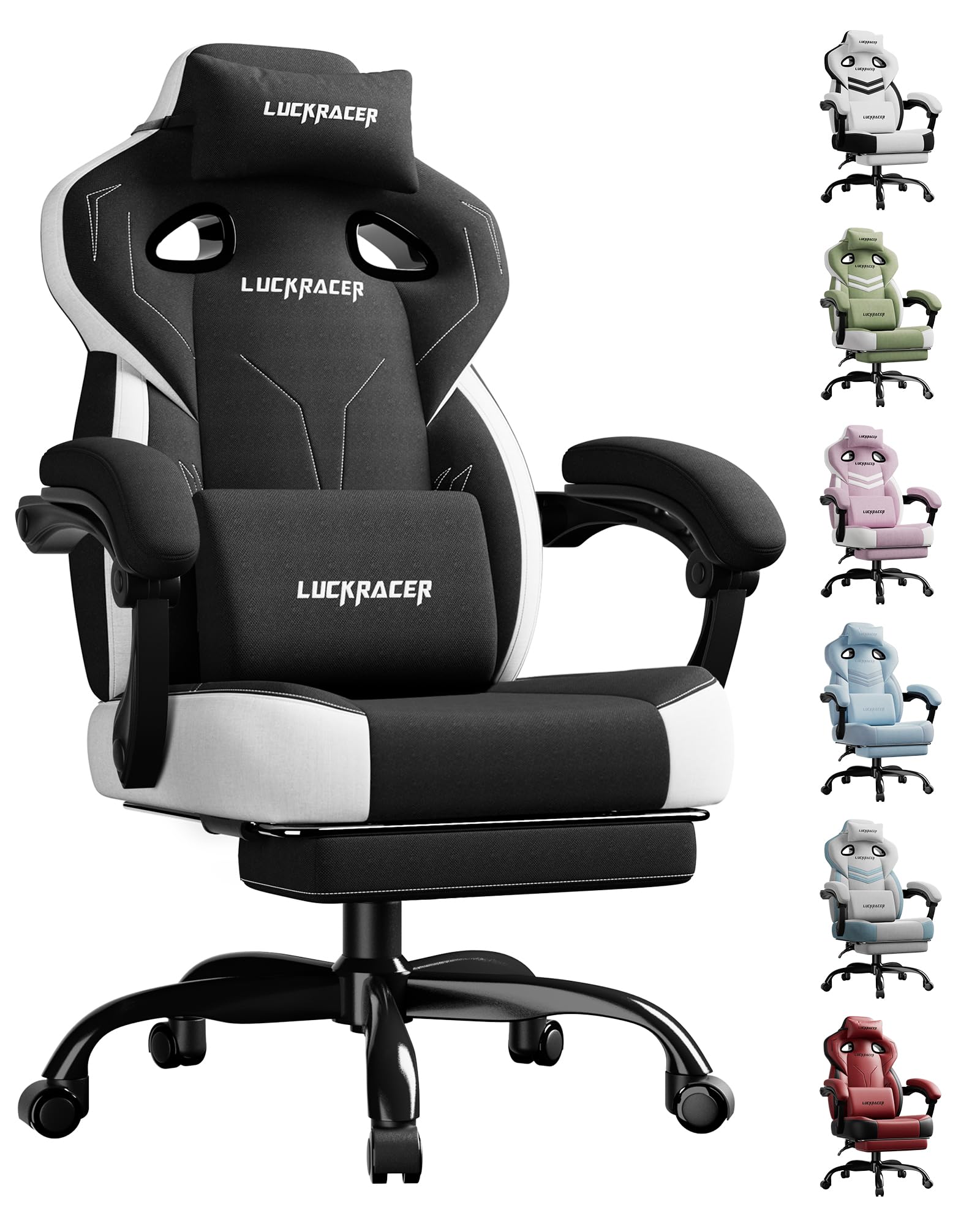 LUCKRACER - Sedia da gaming in tessuto, sedia da ufficio con braccioli collegati, cuscino in memory foam, angolo di inclinazione 90–155° e poggiapiedi, tessuto funzionale resistente, nero