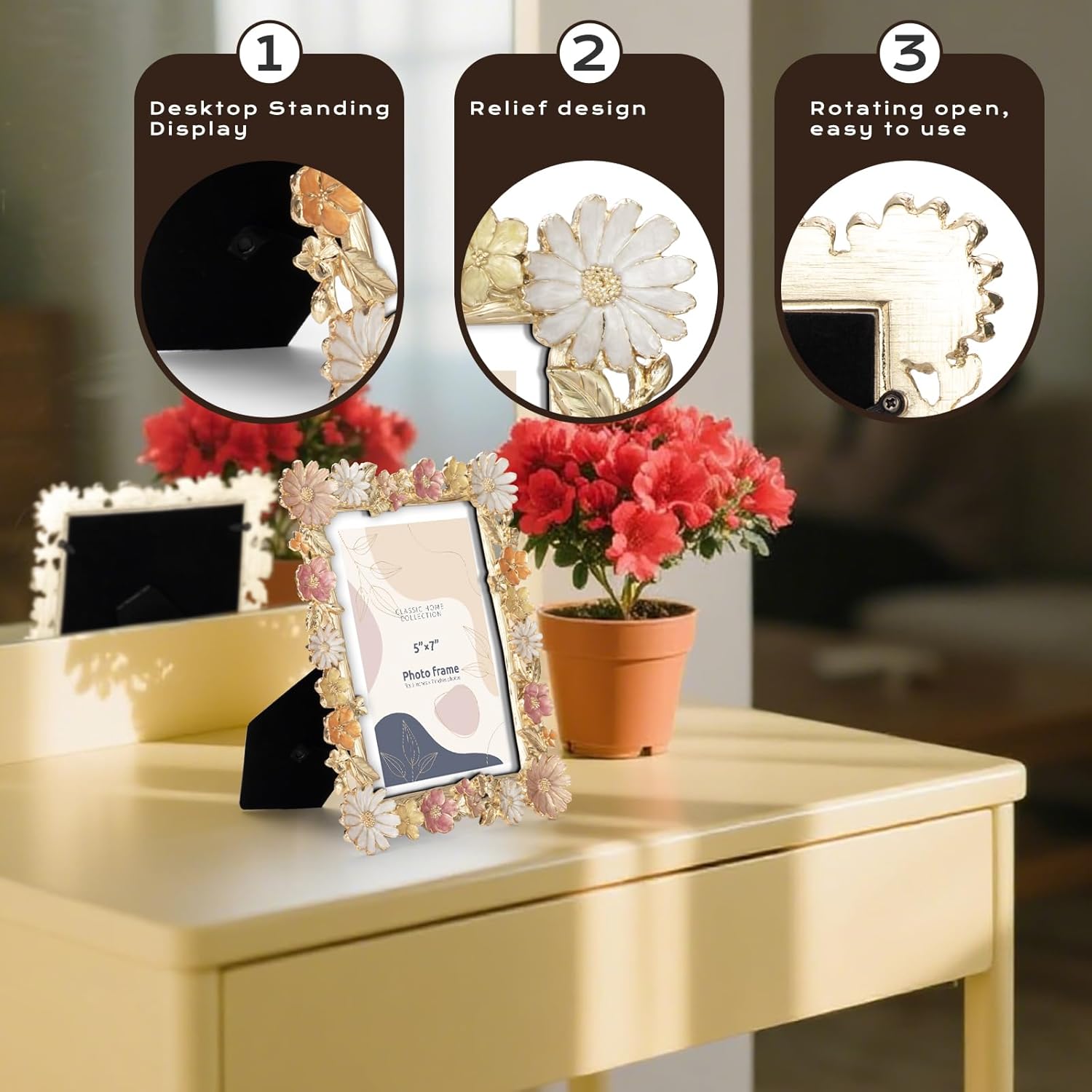 Luxury Floral Metal Photo Frame – Gold Frame with Raised Colorful Flower Details, Tabletop Display, Horizontal & Vertical Orientation (Colorful flowers)