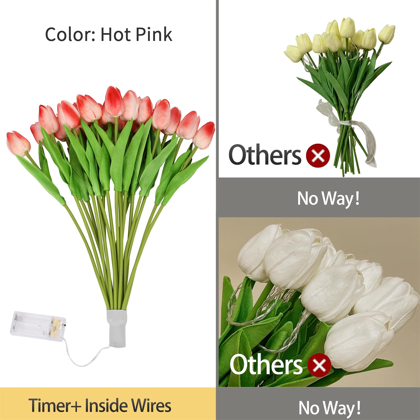 HOMESEASONS 20 Stück Tulpenstrauß-Lampen, künstliche Blumen, Nachtlicht, fühlt sich echt an, Tulpen-Nachtlampe, LED-Blumenlicht für Zuhause, Küche, Dekoration (Hot Pink)