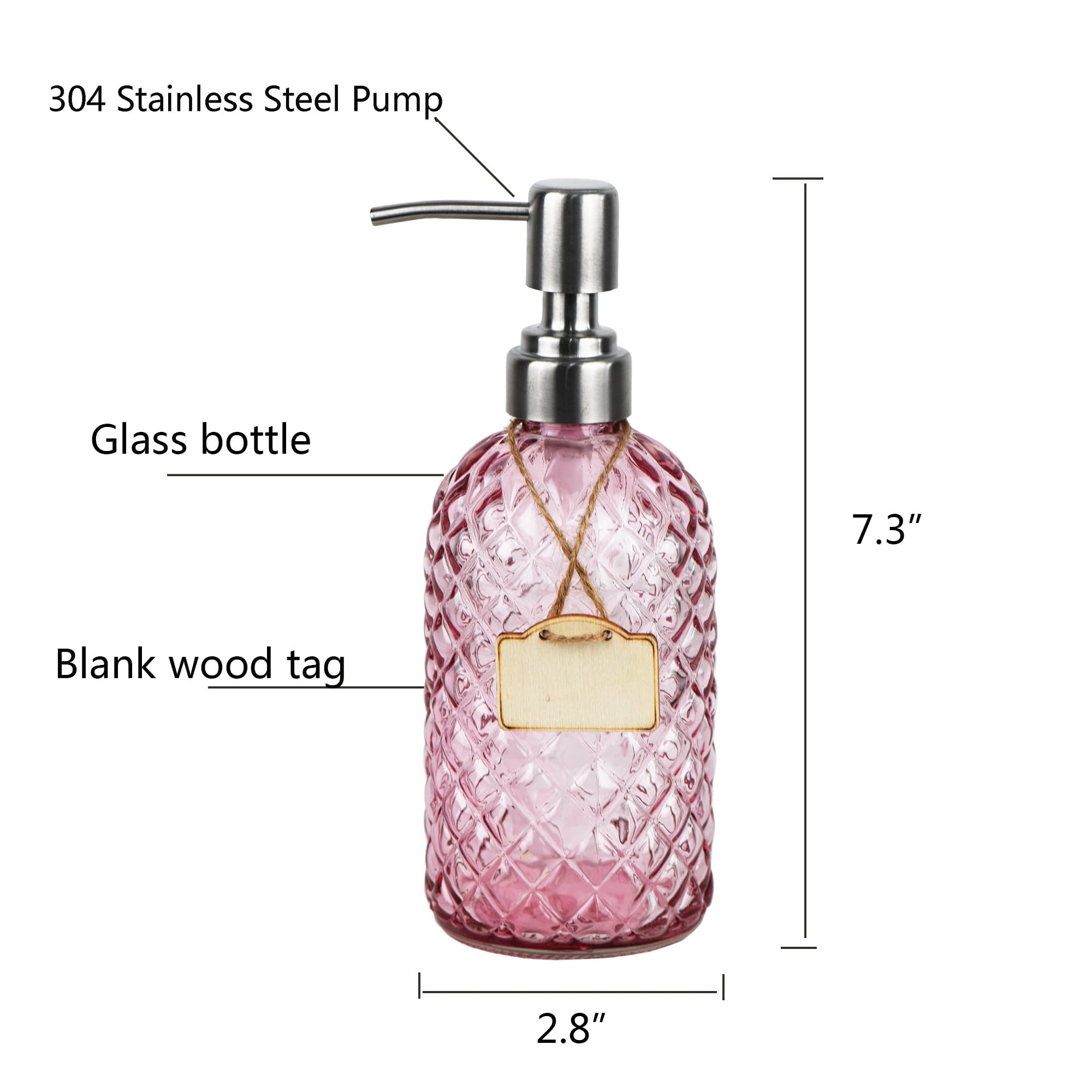 Funly mee Bathroom & Kitchen Glass Hand and Dish Soap Dispenser with 304 Rustproof Stainless Steel Pump (Pink-2pack) - Image 2