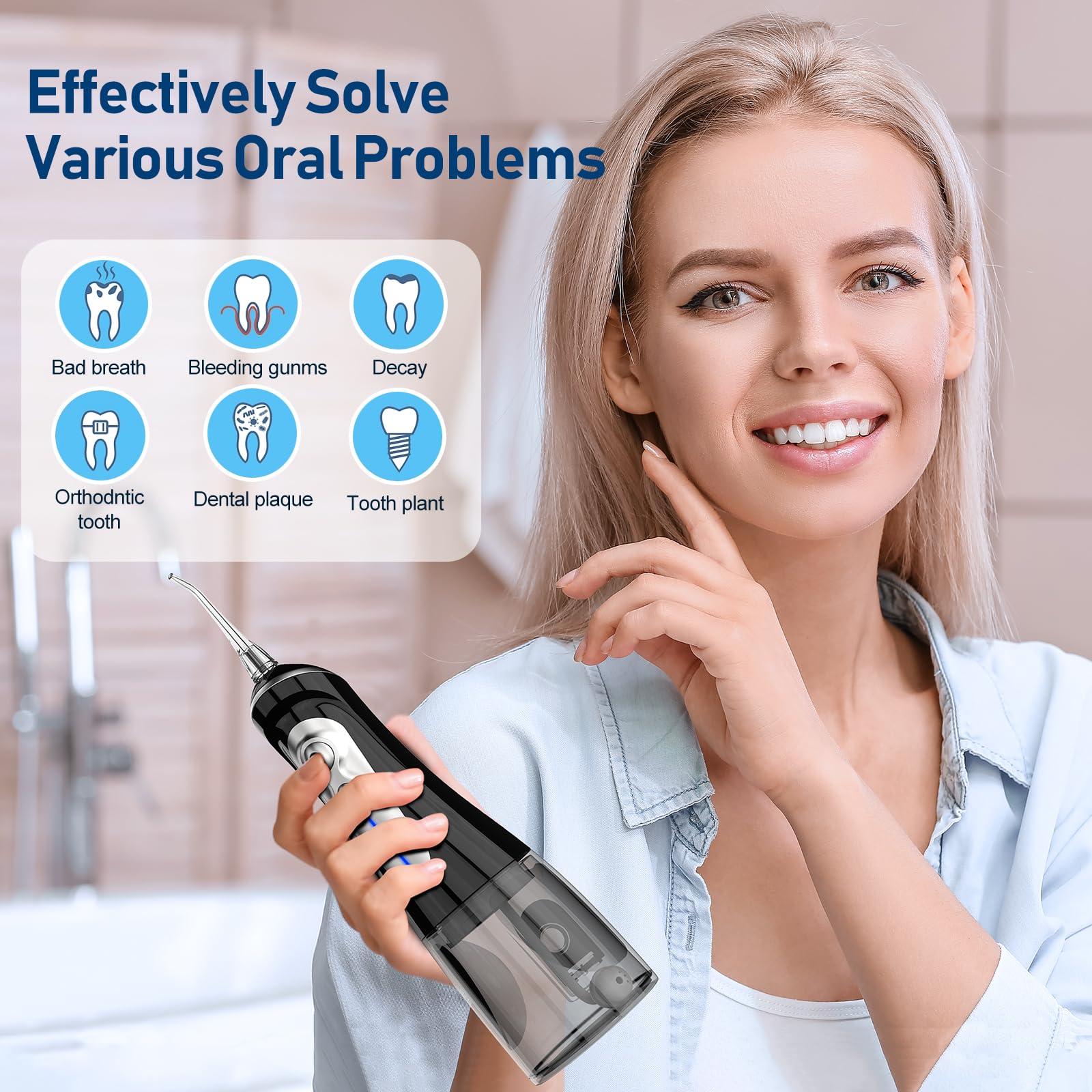 NBGRLVS Irrigador dental de agua para limpieza de dientes inalámbrico, 6 modos ajustables, 320 ml, portátil y recargable, IPX7, impermeable, potente irrigador oral, púas limpiadoras para viajes en