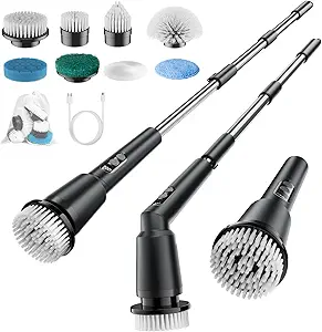 Electric Spin Scrubber, Cordless Cleaning Brush Scrubber, 3 Speeds & Adjustable Handle, 8 Multifunctional Brush Heads with IPX7 Waterproof for Bathroom, Tub, Car Black and More Black