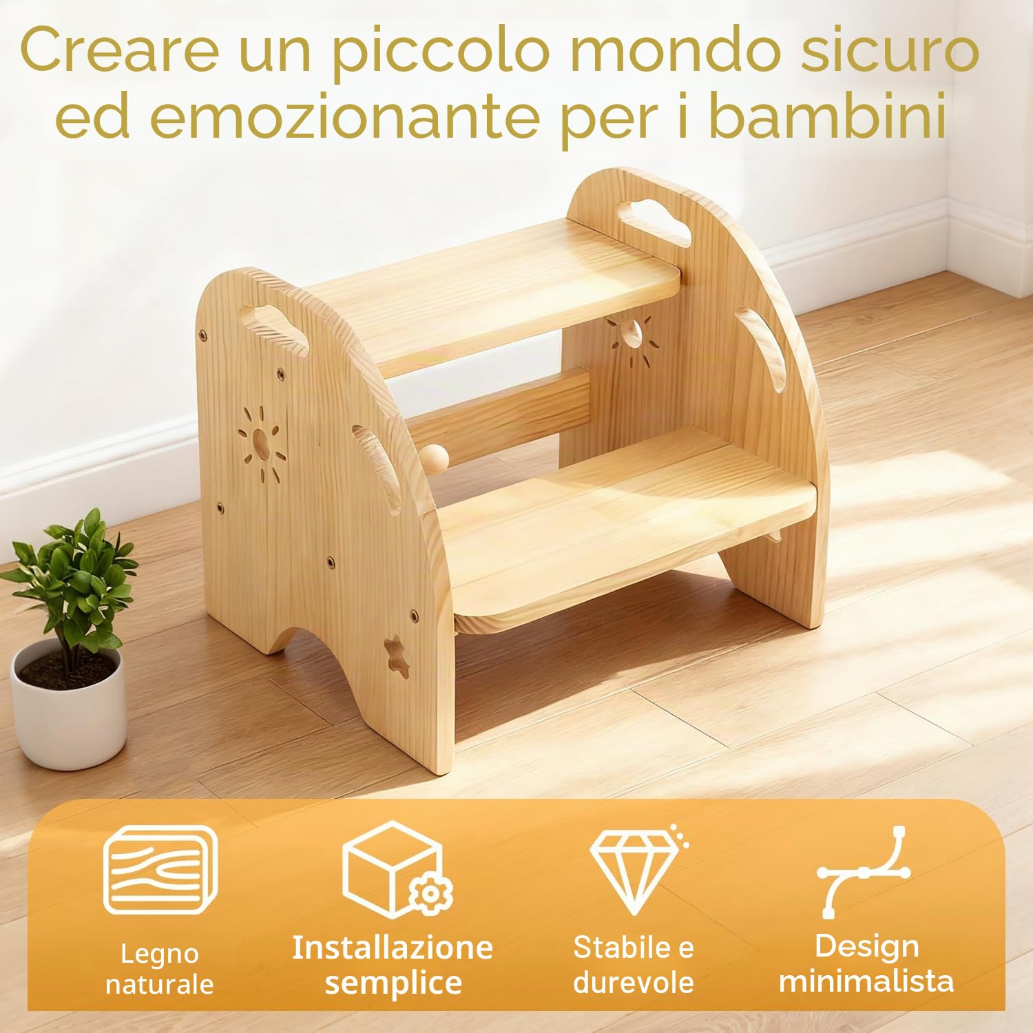 Wooden Step Stool, Sgabello A 2 Gradini In Legno,Sgabello Con Piedini Antiscivolo,Scala Domestica,Mobile, Per Bagno, Cucina, Cameretta Dei Bambini Dai 2 Anni