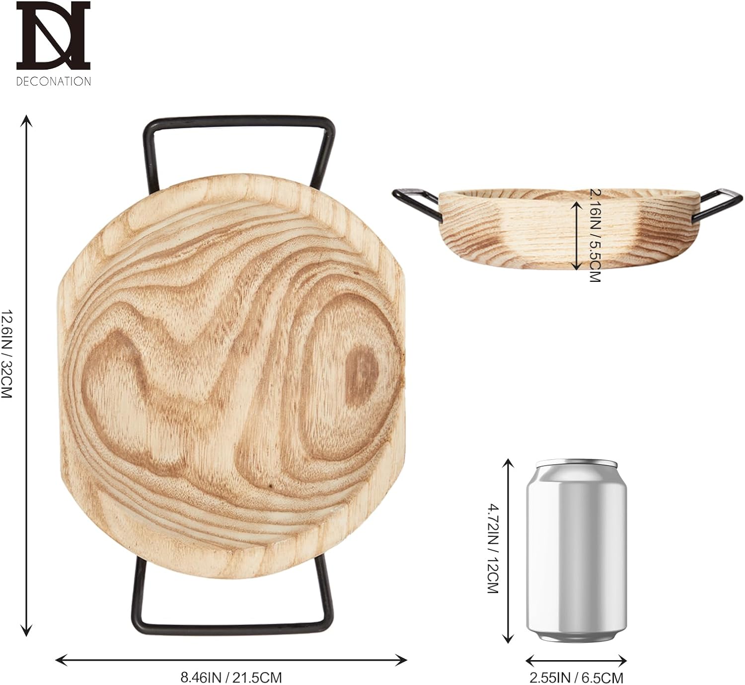 DN DECONATION Round Wooden Dough Bowl with Metal Handles, Wood Decorative Tray for Coffee Table, Key Bowl for Fruit, Purse, Potpourri, Trinket Trays for Farmhouse Home Living Room Decor