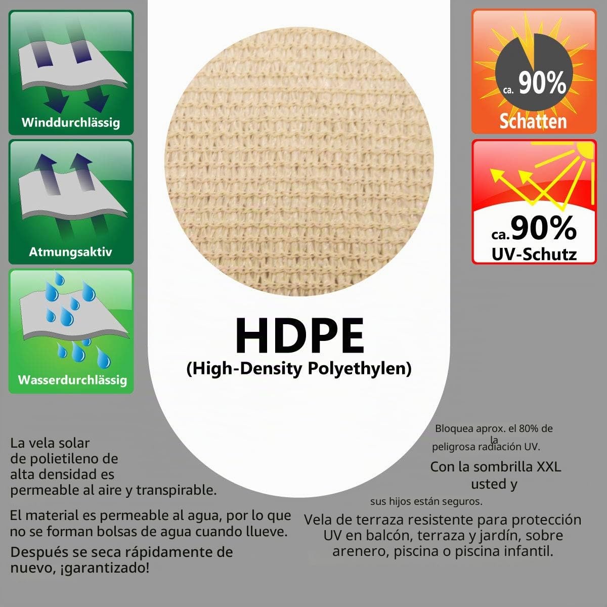 AMANKA Toldo Vela Rectangular 6x6-90% Protección UV - Toldo Permeable para Exterior - Tela Toldo Sombra - Toldo para Pergola - Tela Solar Exterior - Lona Camping Sombra Toldos de Piscinas Toldo 4m