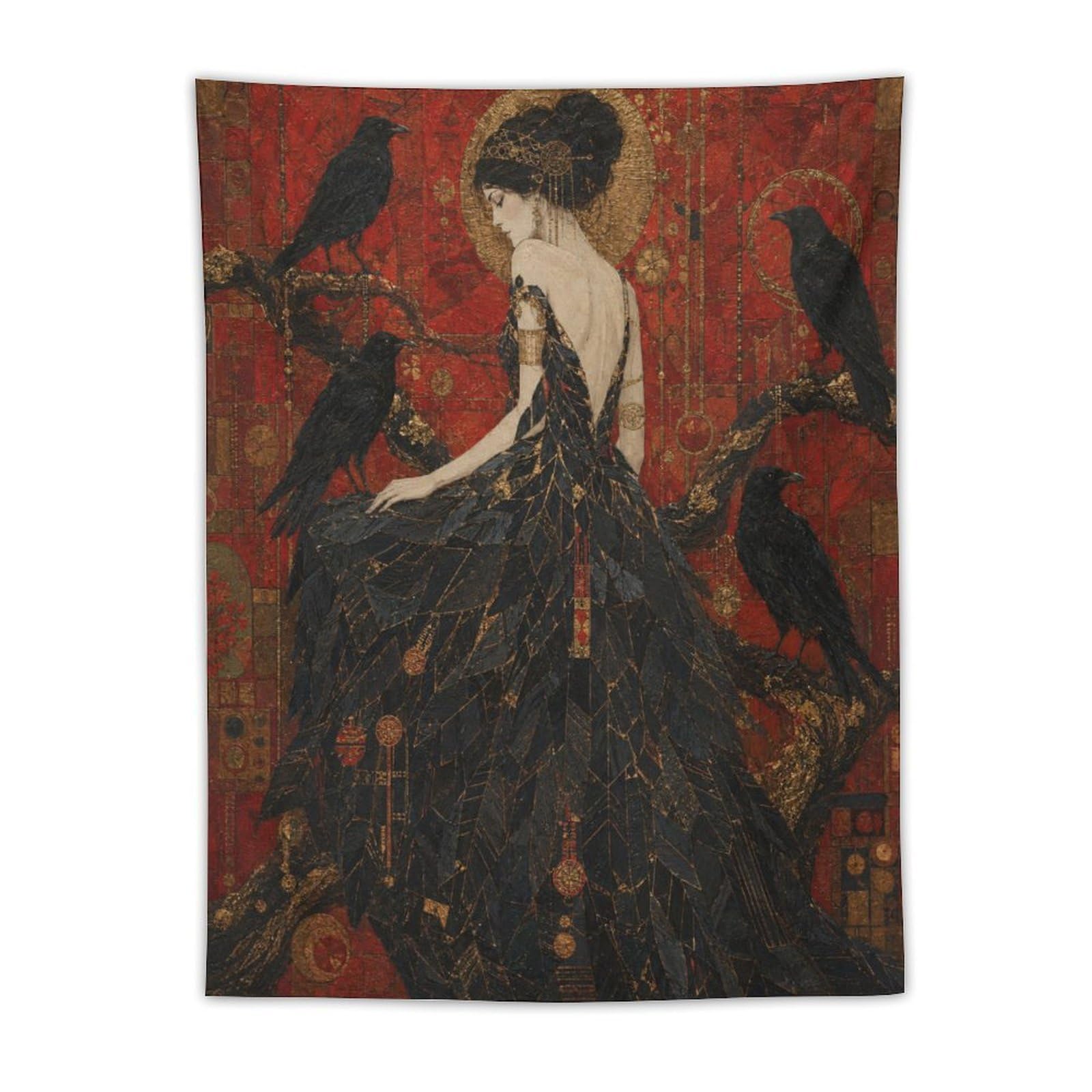 W7C8U2X3 Raven Woman on Branch Wall Tapestry, Fantasy Illustration, Office