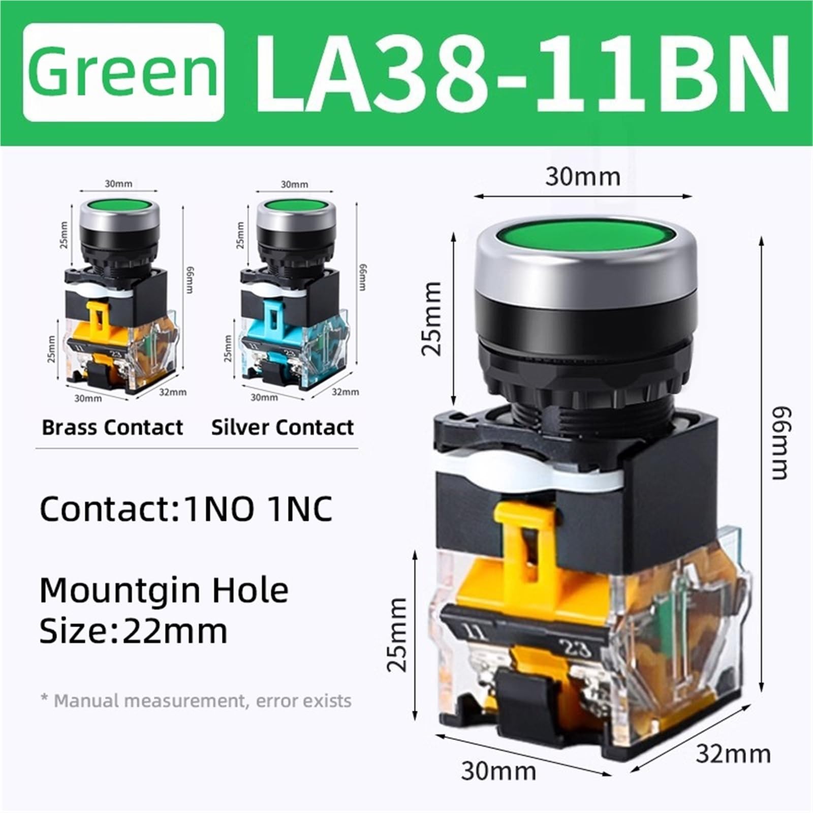 10 pièces interrupteur à bouton poussoir LA38-11BN 22mm 10A 1NO 1NC(Green,Brass Contact,Locking Latching)
