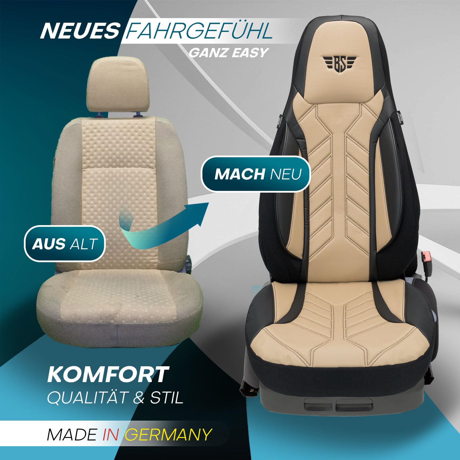 Sitzbezüge passend für Audi A5 | Farbe: Schwarz-Beige | Kunstleder | Model: Prime Pilot | Autositzbezüge | Sitzschoner | Schonbezüge | APOL507