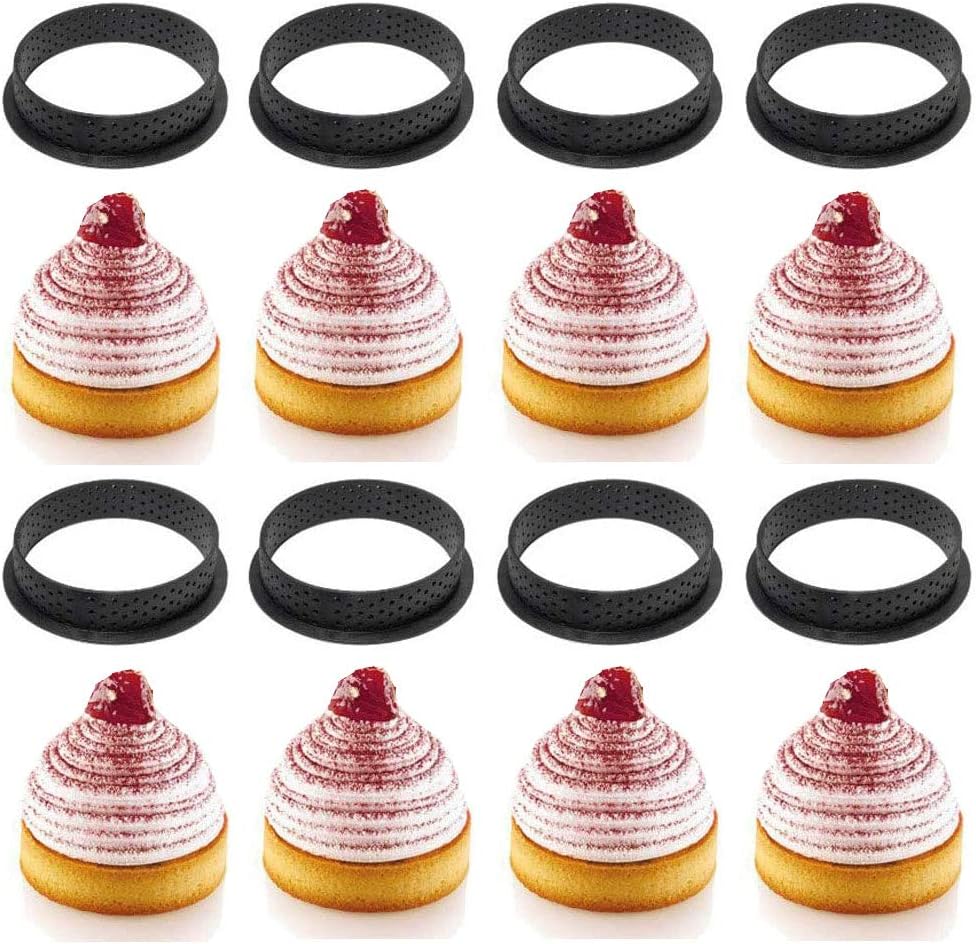 8Pcs Perforated Circle Cake Mold Cutter,Black Round-Shape Mousse Circle Ring Tart, Non Stick Pastry Cutters Ring for Making Cake Decoration
