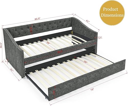 Miniatura 2 de Sofá cama individual con nido, marco de cama moderno de madera con botón copetudo y cabeza de clavos, sofá cama tapizado con nido extraíble para