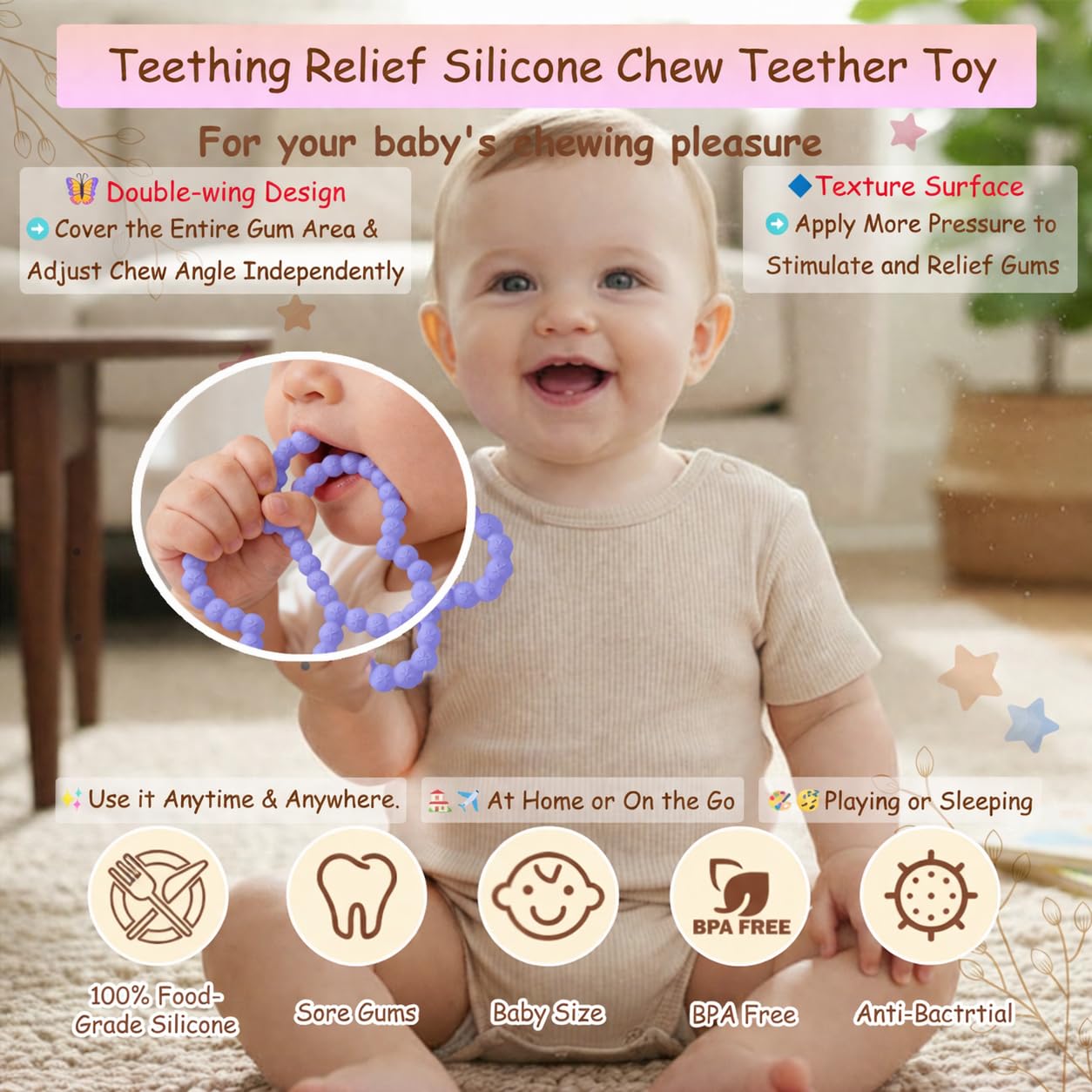 2 Pcs Baby Teething Toys Silicone Butterfly Teething Rings Over 3 Months - Baby Essentials Sensory Chew Toys -Baby Teether for Teething Relief -BPA Free Infant Toys Baby Shower Gifts (2, White,Purple)