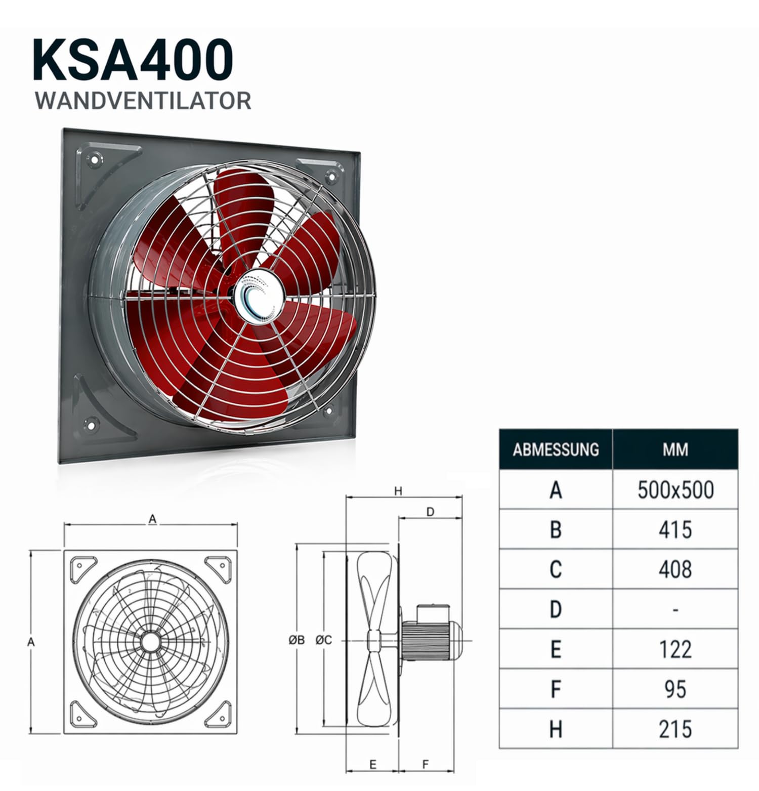 UZMAN Wandventilator Hochleistungs Axialventilator mit Kugellagern, für Dauerbetrieb Industrie Axiallüfter Größen 300, 350, 400, 450, 500, 550, 600mm – Zuluft Abluft Absaugung – (KSA400)