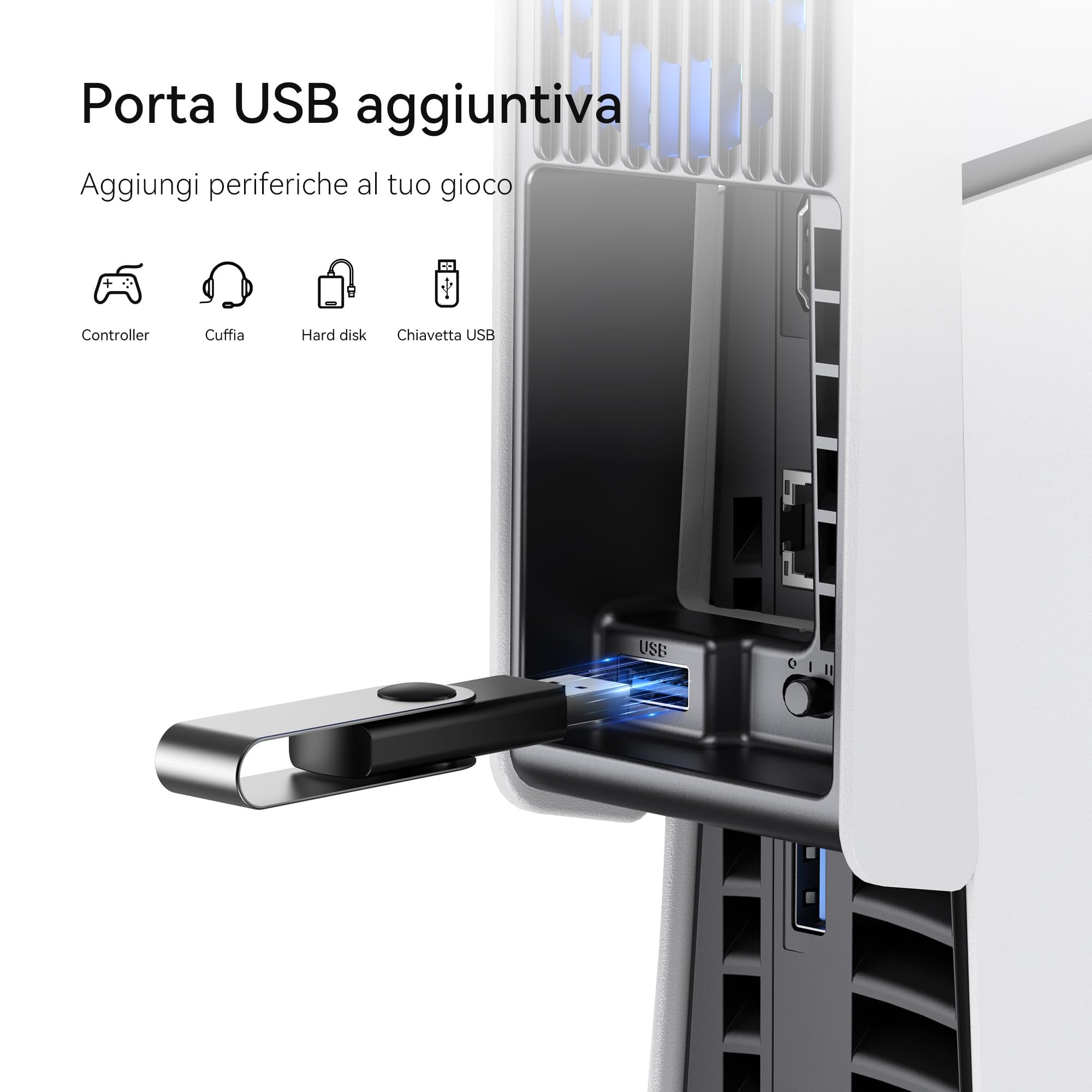 Ventola di Raffreddamento PS5 Slim, con Impostazione Automatica della Velocità, Accessori di Raffreddamento più Silenziosi con LED e Hub USB 3.0, per PS5 Slim Disc ed Edizioni Digitali (Bianco e Nero)