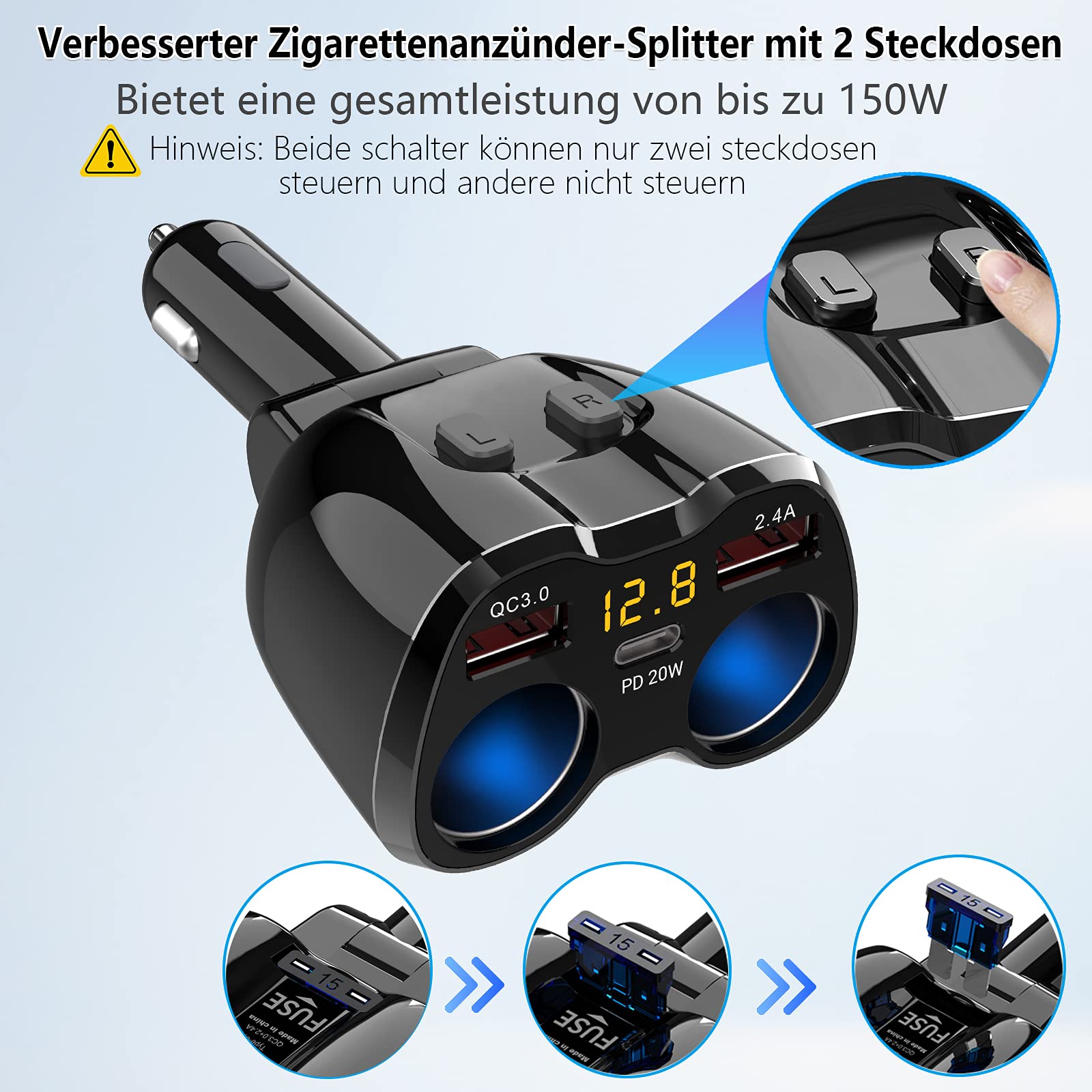PD 30W kfz Ladegerät Verteiler: 200W 12V USB C Zigarettenanzünder Adapter Splitter 12 Volt DC Stecker Mehrfach Auto Steckdose mit Voltmeter Dual Typ C Anschluss für lPhone Samsung Handy GPS Dashcam
