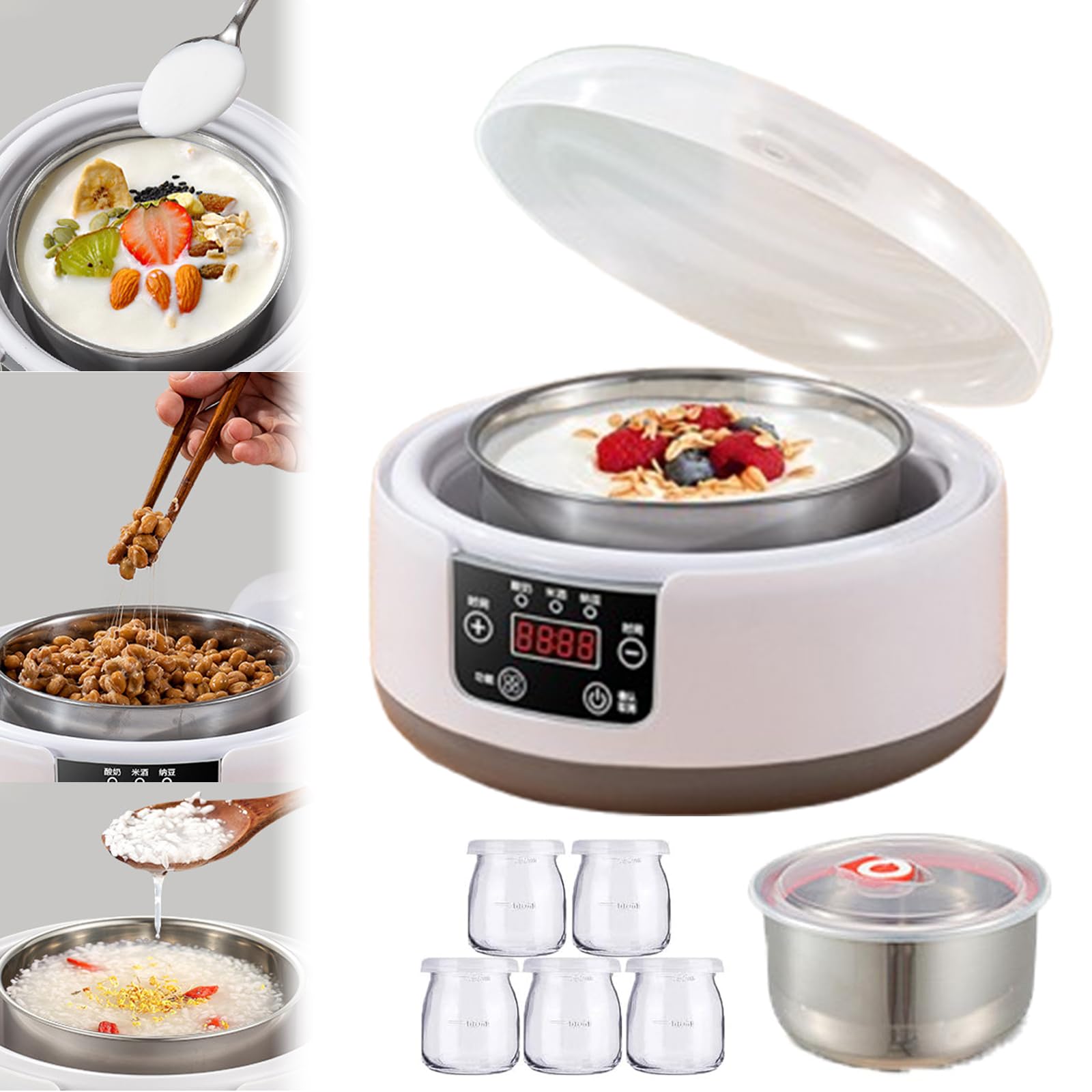 Genérico Yogurtera ProbióTica, MáQuina EléCtrica para Hacer Yogur, Incubadora De Yogur Multifuncional para El Hogar De 1200 Ml con 5 Tarros De Yogur, Yogurtera con Control De Tiempo Ajustable