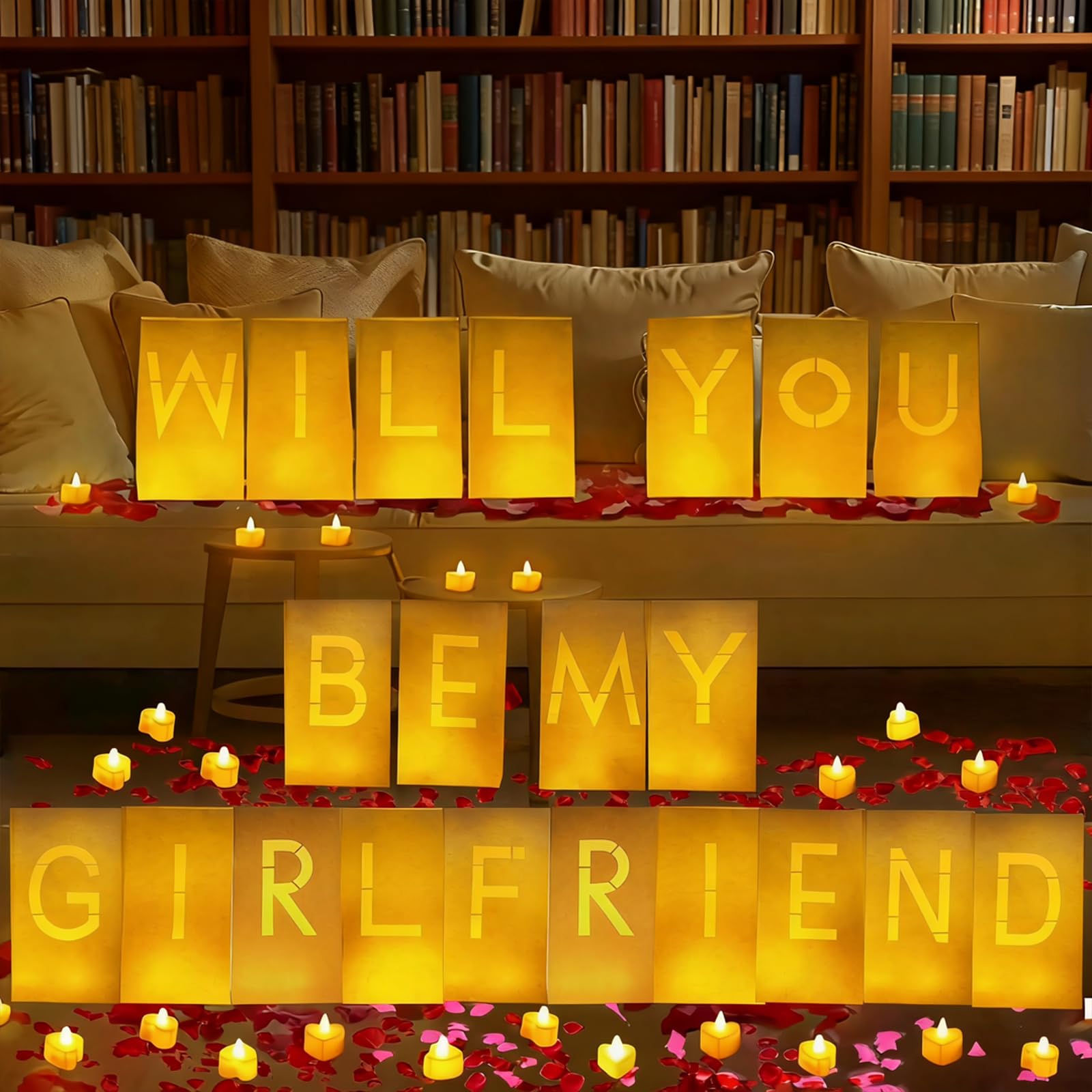 Dekoracje z napisem "Will You Be My Girlfriend" – zestaw niespodzianek z świecącymi literami, 30 świecami na podgrzewacze, 2000 płatków róż, 10 balonów – torebki świetlne do romantycznej aranżacji (W)