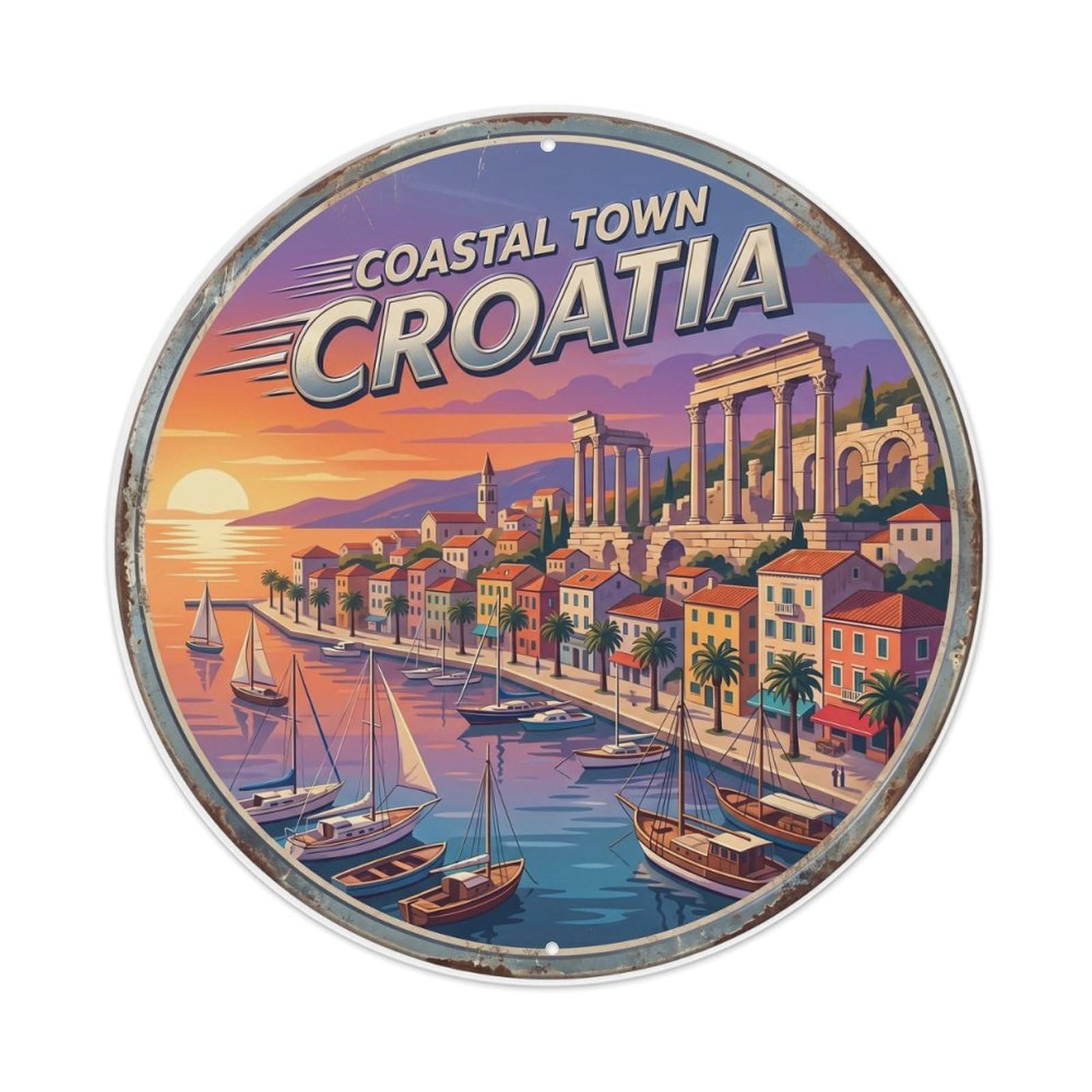Vintage Travel Coastal Town Croatia Harbor Metal Tin Sign