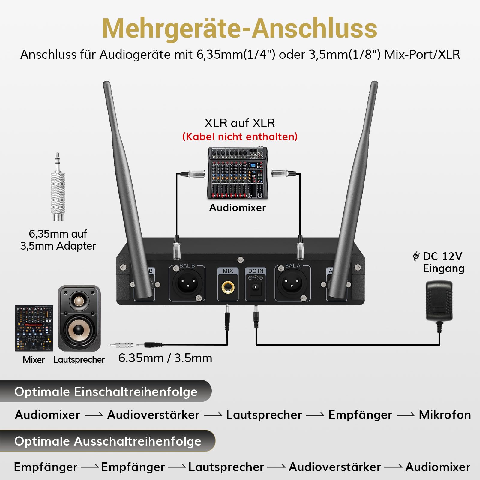 TONOR UHF Funkmikrofon Set, professionelles dynamisches Drahtlos-Doppelmikrofonsystem mit 2 Handmikrofonen, Karaoke-Set für Party, DJ, Kirche & Hochzeit, bis zu 60 m Reichweite, TW820, Silber