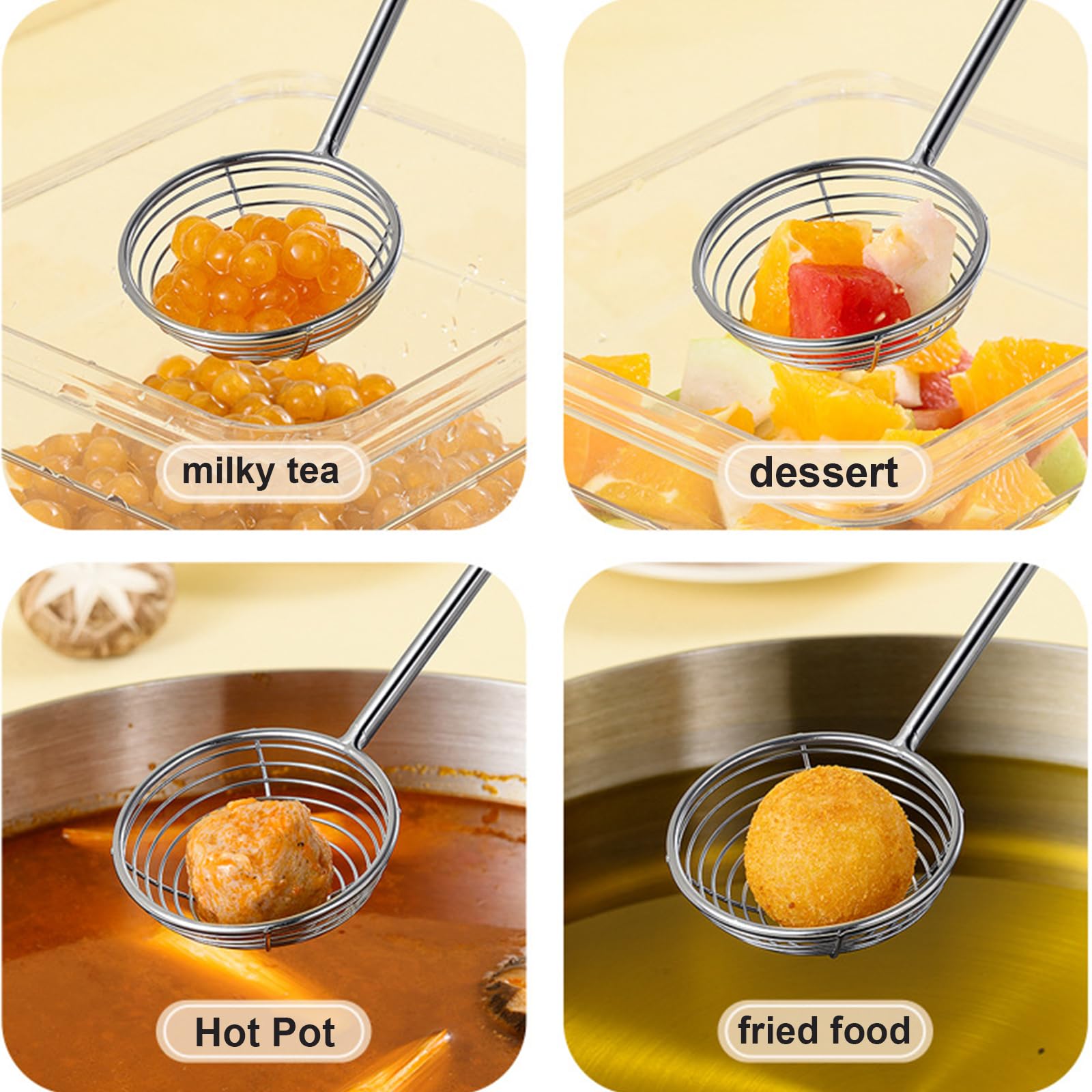 6 sztuk sitko do fondue ze stali nierdzewnej, łyżka cedzakowa, sitko kuchenne ze stali nierdzewnej, sitko kuchenne z uchwytami, łyżeczka, filtr, sitko, długi uchwyt, sitko do makaronu, łyżka do duszenia fondueparty (kolor czarny)