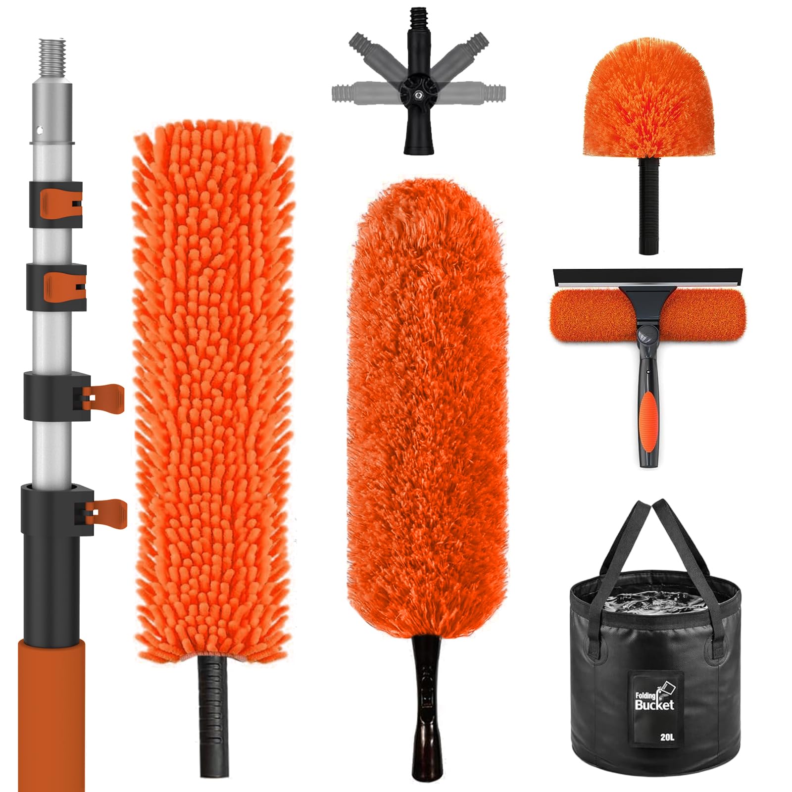 Sisupassie Orange 6M Extendable Feather Duster Kit, 7 Pcs Dusters For Cleaning With Professional Telescopic Pole, Long Reach Washable Duster And Window Cleaning Equipment For Cleaning Windows Cobwebs