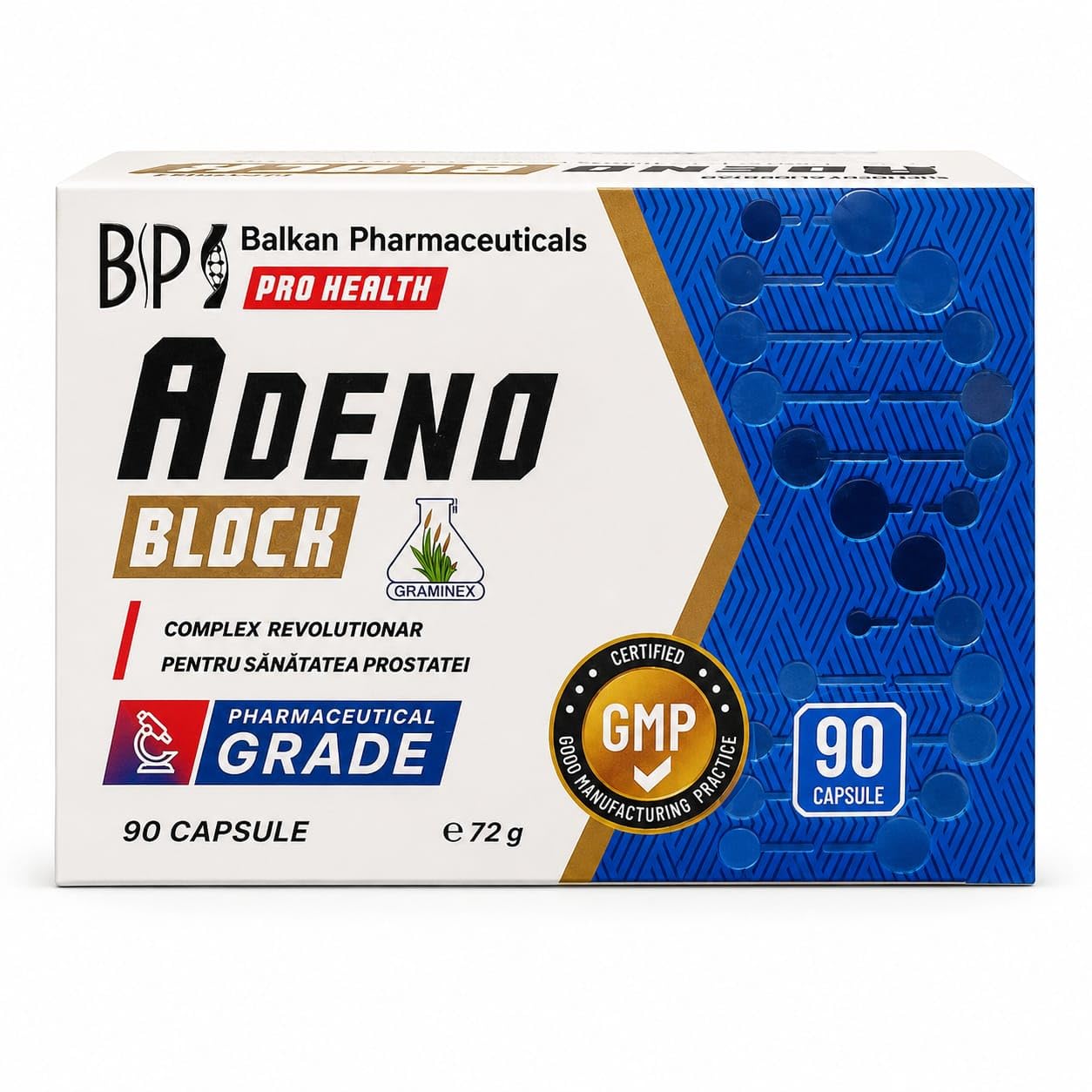 Adeno Block Pro Health – Nahrungsergänzung für die Prostata mit Graminex® Blütenpollenextrakt – Unterstützung der Prostatagesundheit – 90 Kapseln (72 g)