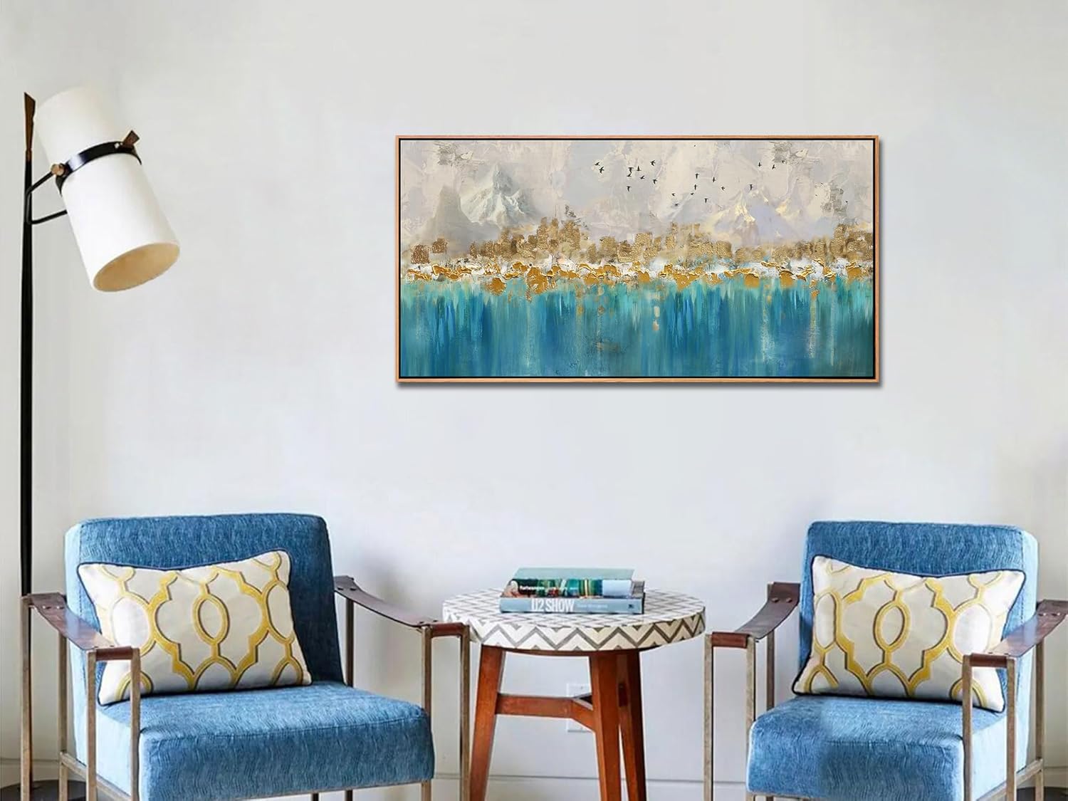 Arjun Framed Abstract Wall Art for Living Room Gold Blue Textured Canvas Art Wall Decor Bedroom Painting, Modern Picture Grey Mountain Artwork Home Office Wall Decoration, Large 40"x20"