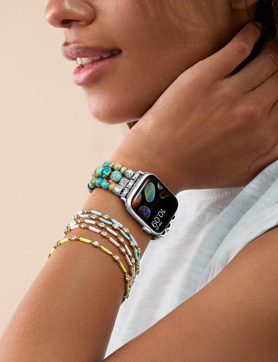 Moolia Stretch Natural Stone Strap Compatible with Apple Watch Bands 40/42/41/38mm Women, Jasper Handmade Bracelet Boho Beaded Band for iWatch Series 11 10 9 8 7 6 5 4 3 SE/Ultra 3 2 1 - Image 6