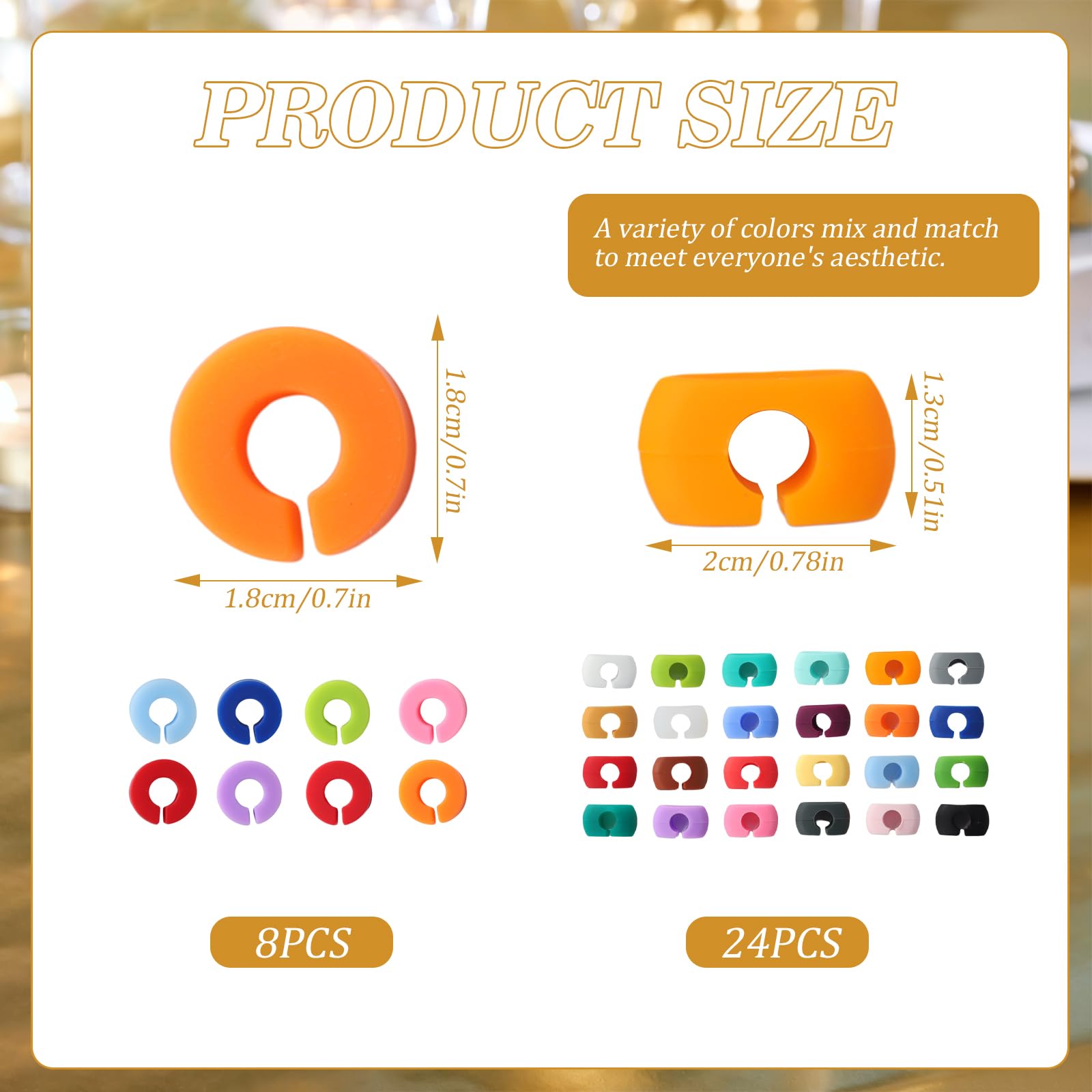 Wine Glass Charms, 24 Pieces Drink Markers for Glasses,Suitable for Parties, Anniversaries, Banquets, Weddings, Champagne Glasses and Beverage Glasses. 8-Pack with Logo C Ring (Colorful)