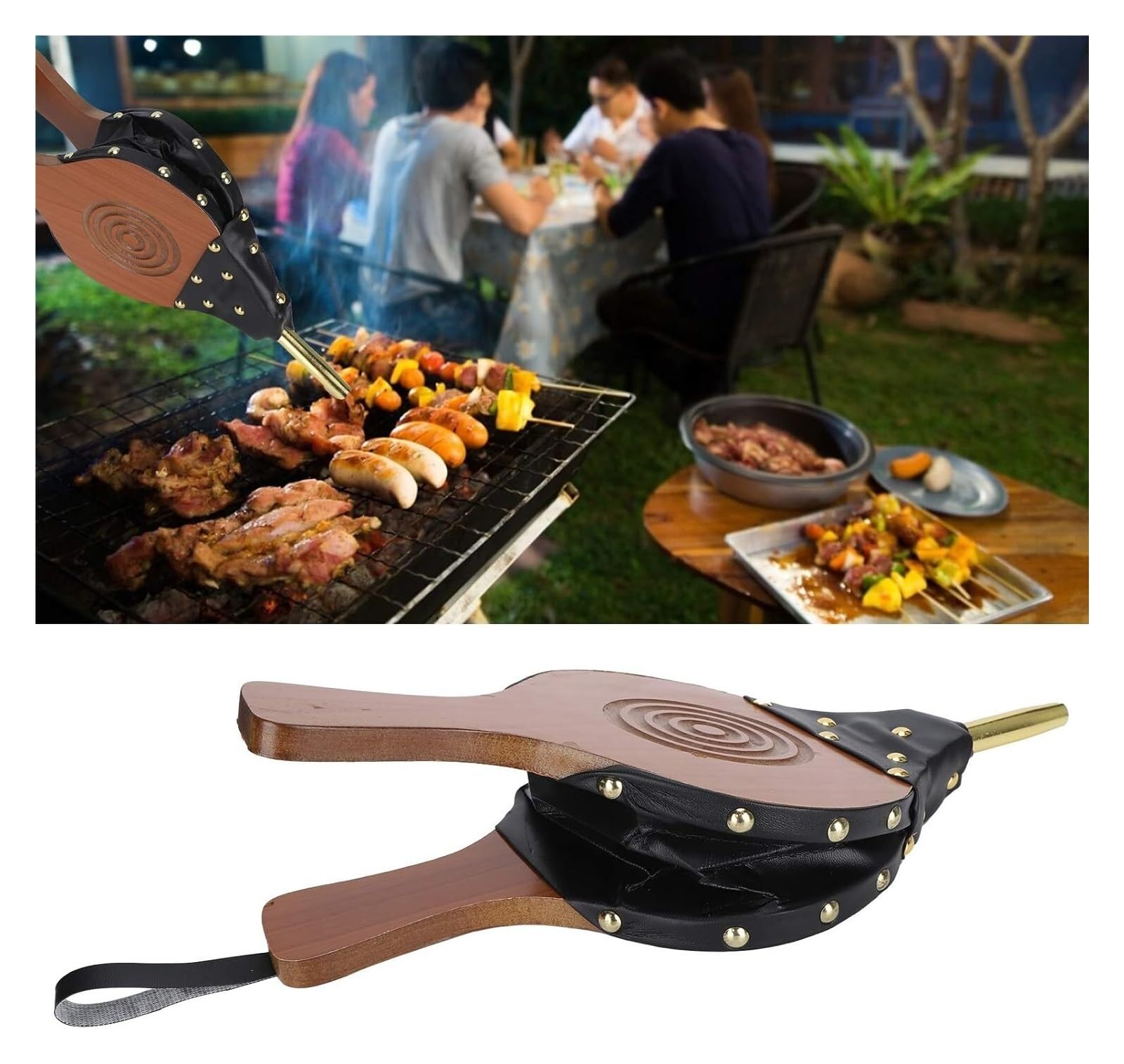 Fuelle， Soplador Manual for Chimenea, Fuelle de Madera for Chimenea, Herramientas de Fuego for Acampar al Aire Libre, Barbacoa y Picnic, 1 ud.