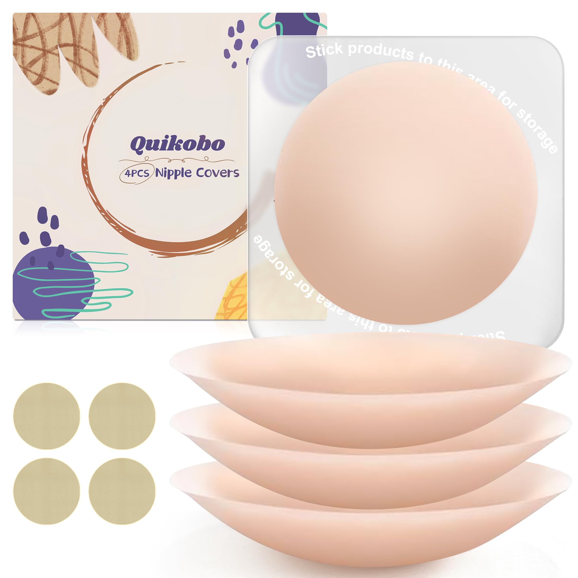 2 Pairs Nipple Covers for Women with Storage Board, Silicone Reusable Sticky Nipple Pasties Ultra-Thin, Invisible, Seamless Cream