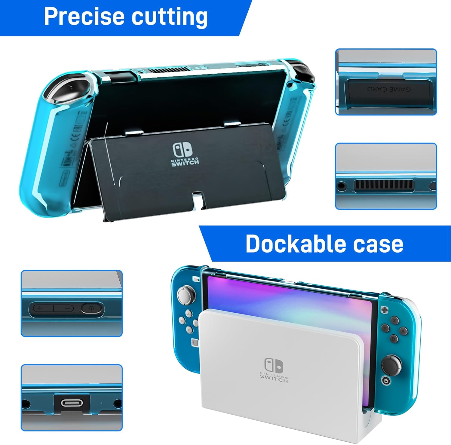 RHOTALL 3 in 1 Protective Blue Clear Case Cover for Nintendo Switch OLED, Dockable Skin for Switch OLED and Controller, Comfort Grip Shell with Shock-Absorption and Anti-Scratch Design - Image 3