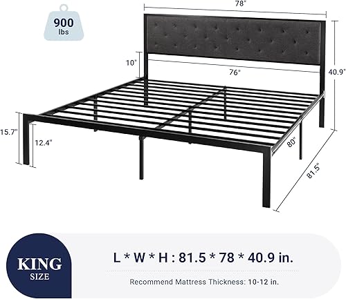 Miniatura 2 de Allewie Base de cama King con cabecera tapizada, diseño elegante copetudo cosido de diamante, no necesita somier, gris oscuro