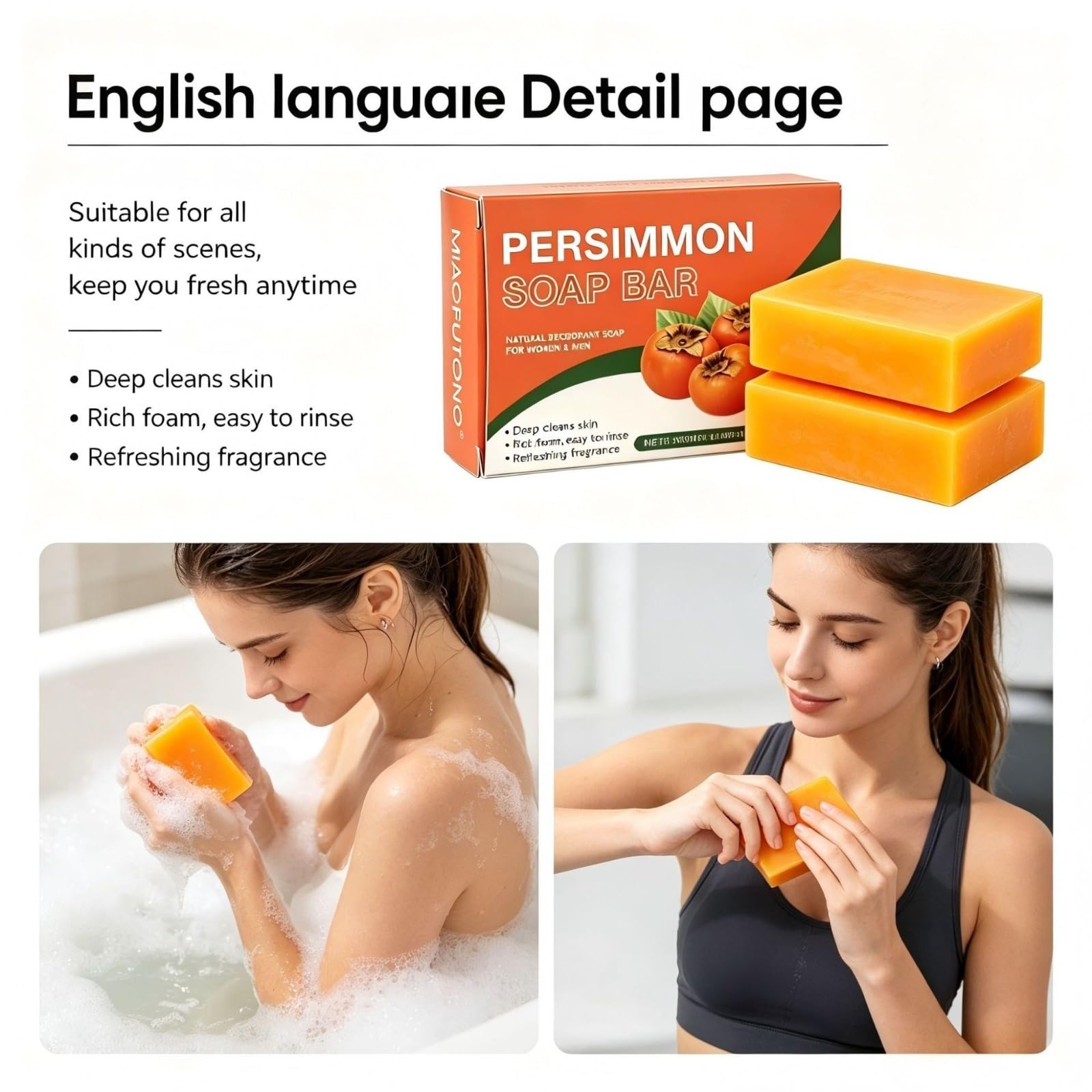 Persimmon Soap Bar, naturalny dezodorant do ciała mydło dla mężczyzn i kobiet, | naturalne mydło do delikatnego i intymnego oczyszczania całego ciała, złuszczająca kontrola zapachu ciała Deep Cleansing Ref