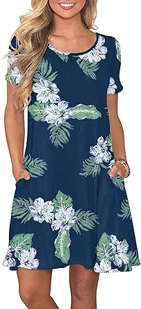 WNEEDU Women's Summer Casual T Shirt Dresses Short Sleeve Swing Dress with Pockets