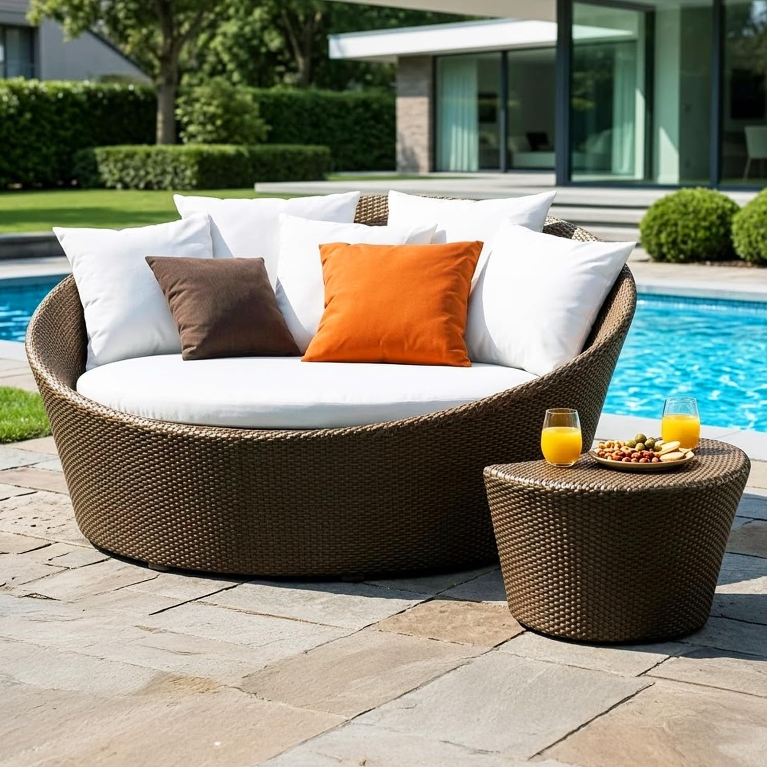 DEVOKO Premium Outdoor Wicker Daybed Set with Table, UV-Resistant HDPE Rattan & Sturdy Metal Frame for Garden, Poolside, Balcony (Dark Brown & Off-White)