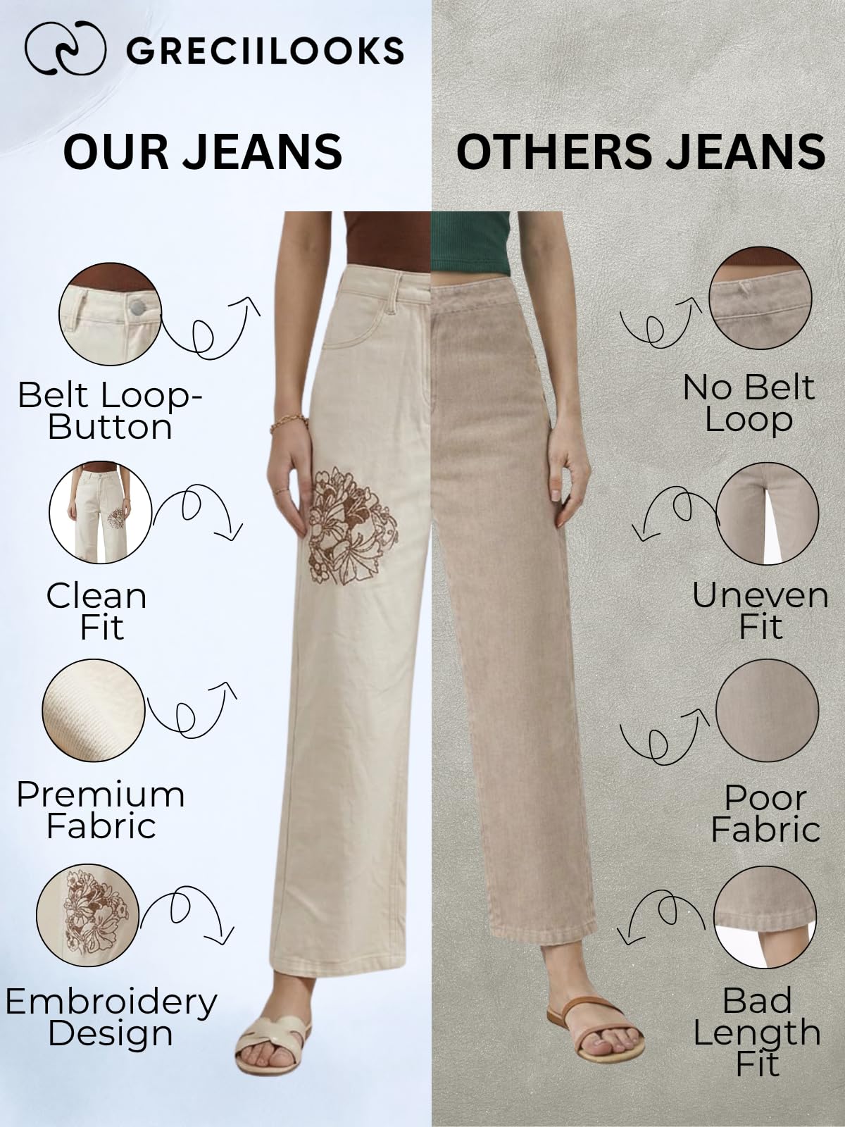 GRECIILOOKS Jeans da donna ricamati | Jeans estivi da donna in denim a gamba larga | Pantaloni casual a vita alta dritti per ufficio, vacanze e uso quotidiano