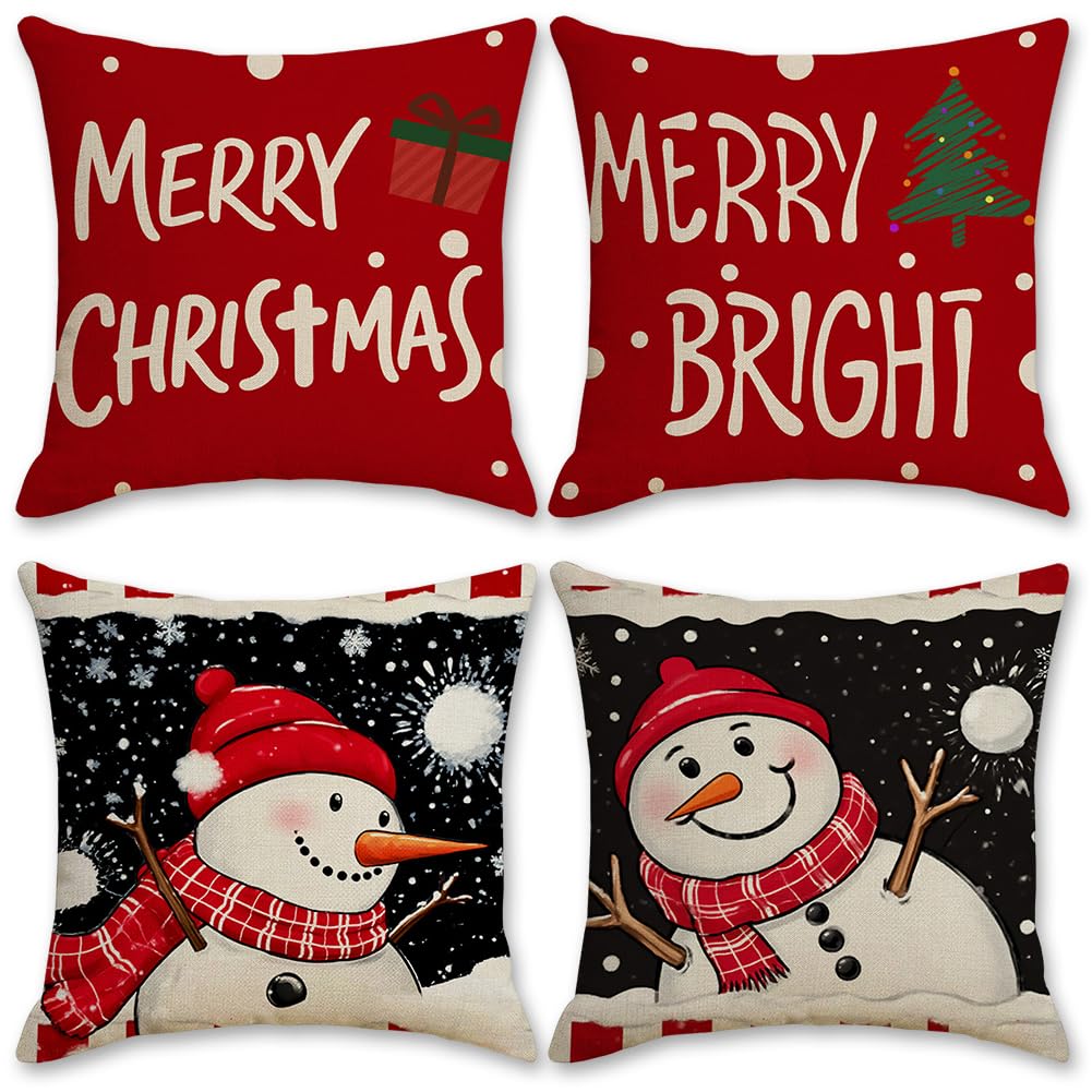 Hatfryf E Christmas Cushion Covers Set Of 4, Red And Whit Christmas Cushion Covers Vintag Indoor, Xmas Linen Pillow Cases With Xmas Tre Snowman For Winter Hom Sofa Decorations - 45 * 45Cm