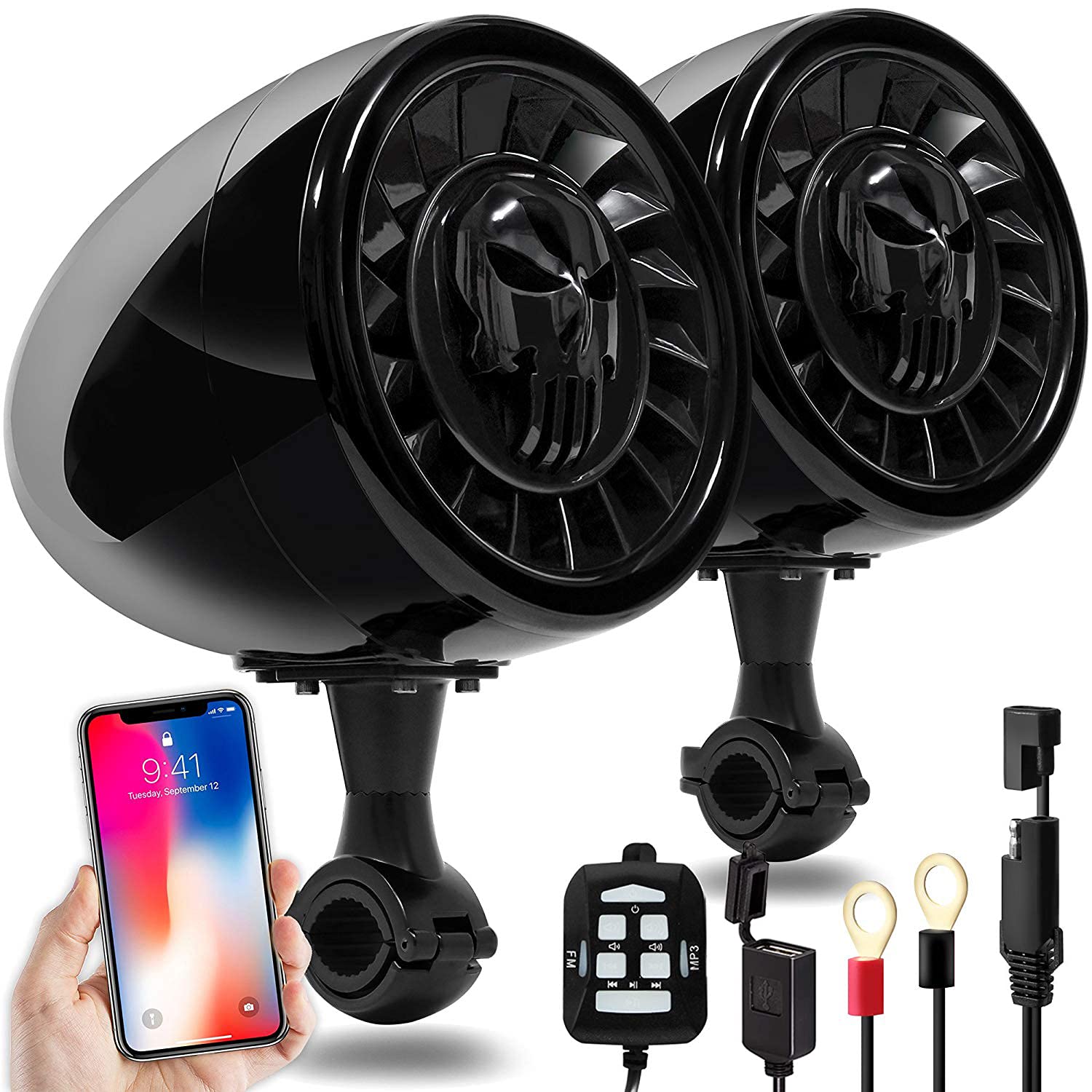 Altoparlanti stereo Bluetooth marini impermeabili da 5 pollici ad alte prestazioni Sistema audio Bass Boat per impieghi gravosi con ingresso USB e AUX, ideale per motocicli ATV/UTV/RZR