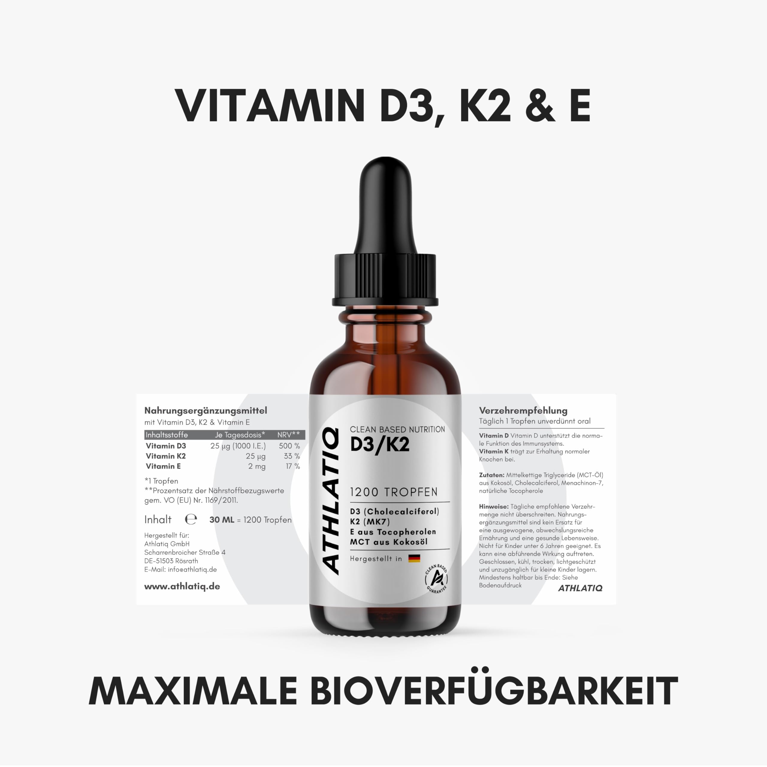 Vitamin D3 K2 Tropfen mit Vitamin E, MCT-Kokosöl basierte Tropfenform, 1000 I.E. D3, 25 µg K2 (MK-7), 2 mg Vitamin E, 1200 Tropfen, ohne Zusatzstoffe, laborgeprüft