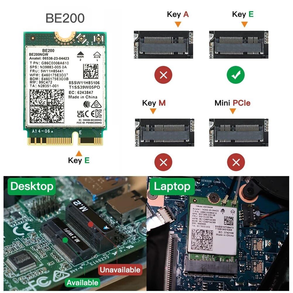 WIFI 7 BE200 BE200NGW Carte WiFi+Antenne Pièces de rechange BT 5.4 802.11AX Tri-Band M.2 NGFF Adaptateur réseau sans fil pour Win10/11