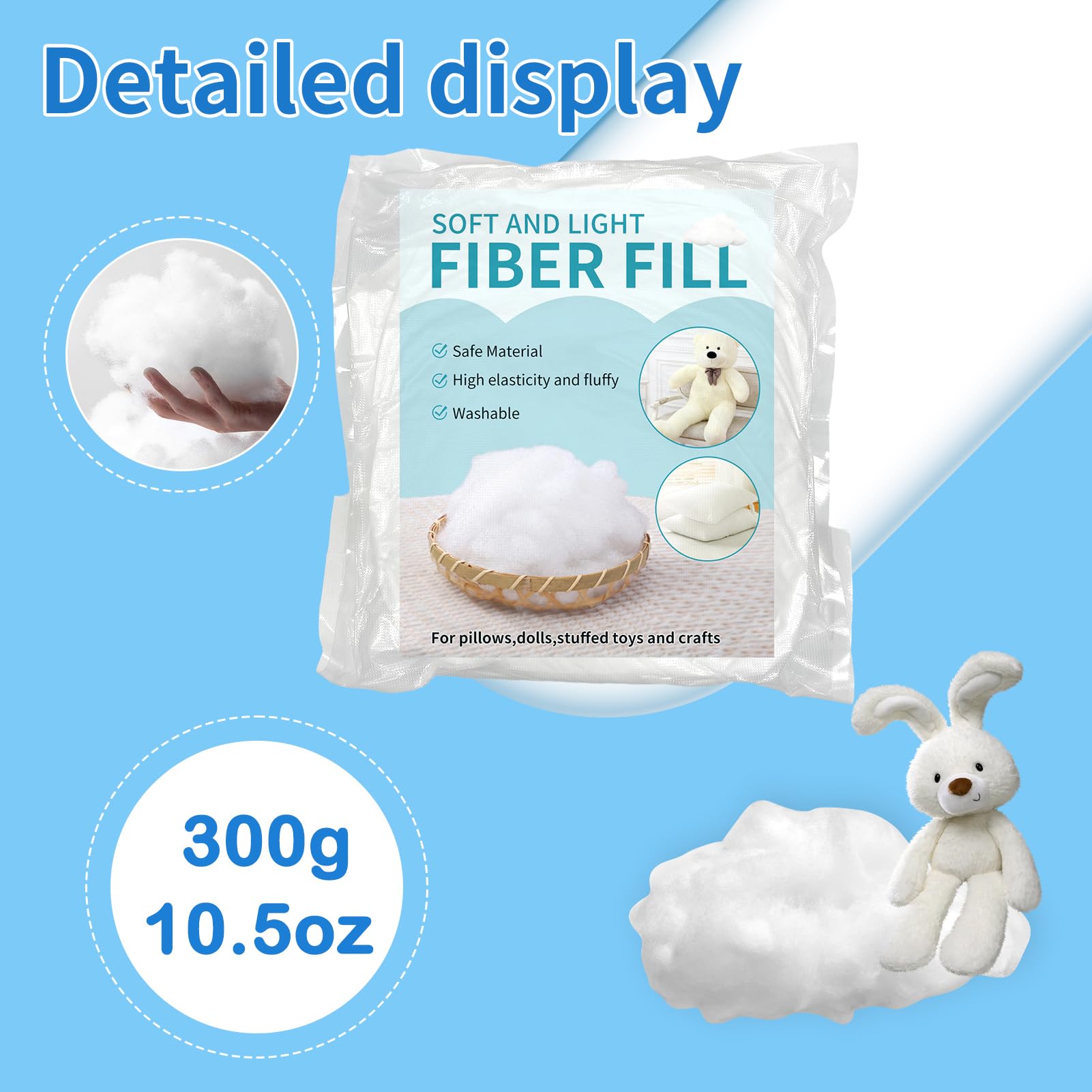 Daylendar Rembourrage en fibre de polyester 300 g – Garnissage en fibre de qualité supérieure ultra douce et moelleuse pour animaux en peluche, rembourrage d'oreiller en coton, travaux manuels – Haute