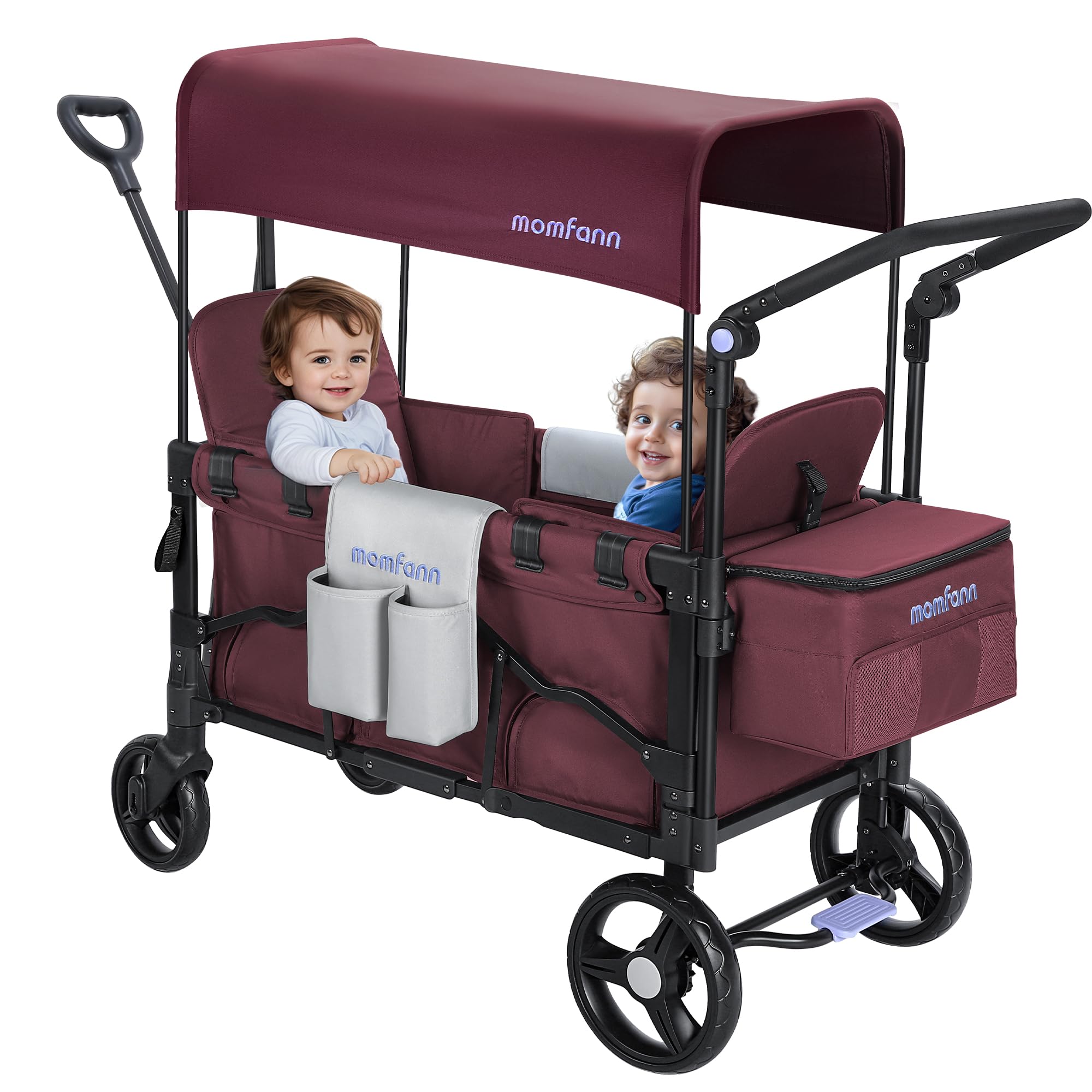 Wagon Stroller for 2 Kids, Double-Seater Baby Wagon with Canopy, Adjustable Handle and Pull Bar, Compact Design for Toddlers and Infants, for Outdoor Adventures (Purple)