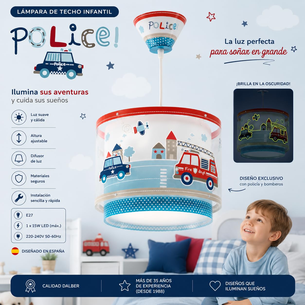 Dalber Lámpara Techo Colgante Infantil Polica y Bomberos Azul 60612M E27 | Incluye difusor de luz inferior extraible; Habitación Niño; coches y bomberos